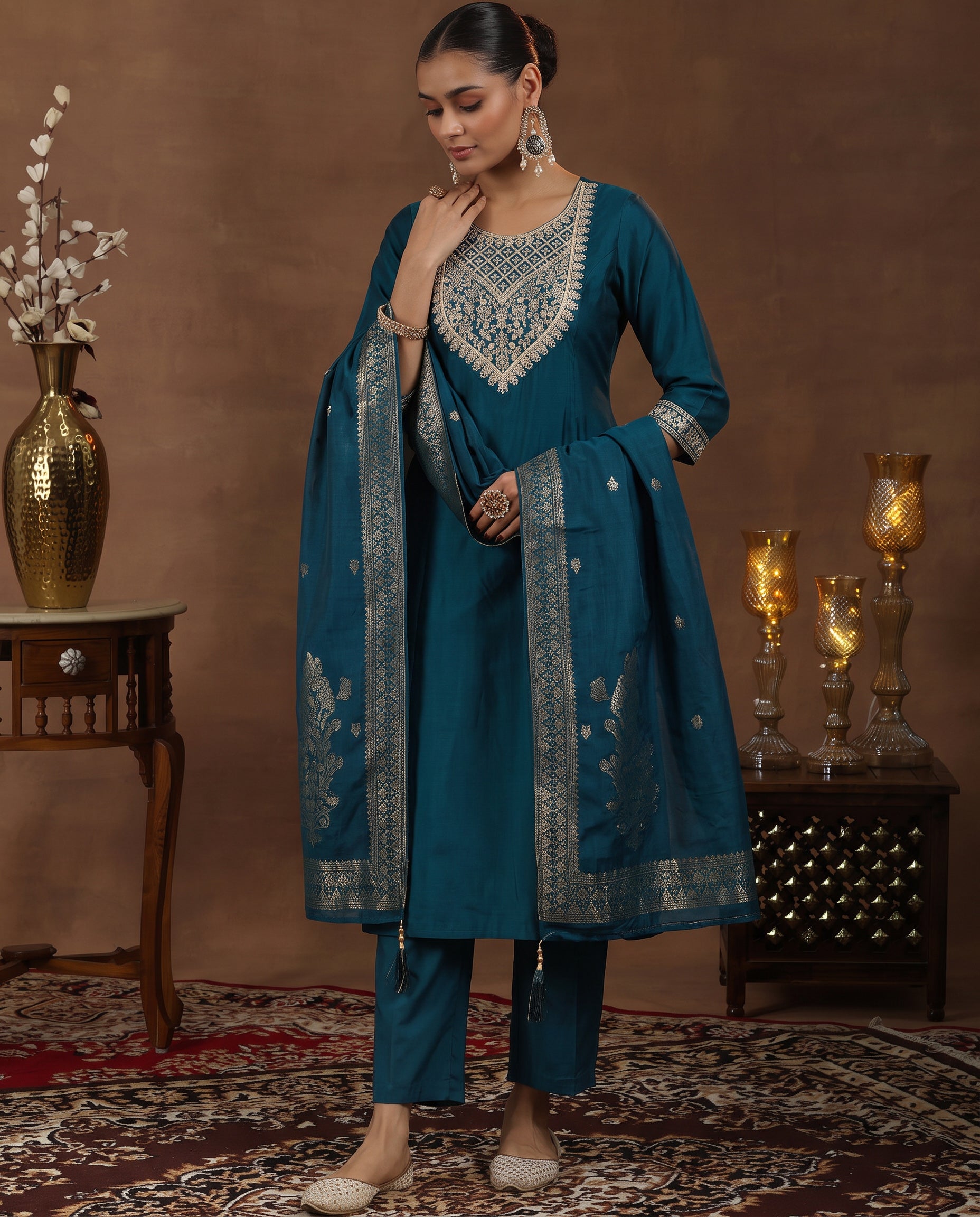 Teal Ethnic Embroidered Silk Blend Straight Kurta Set