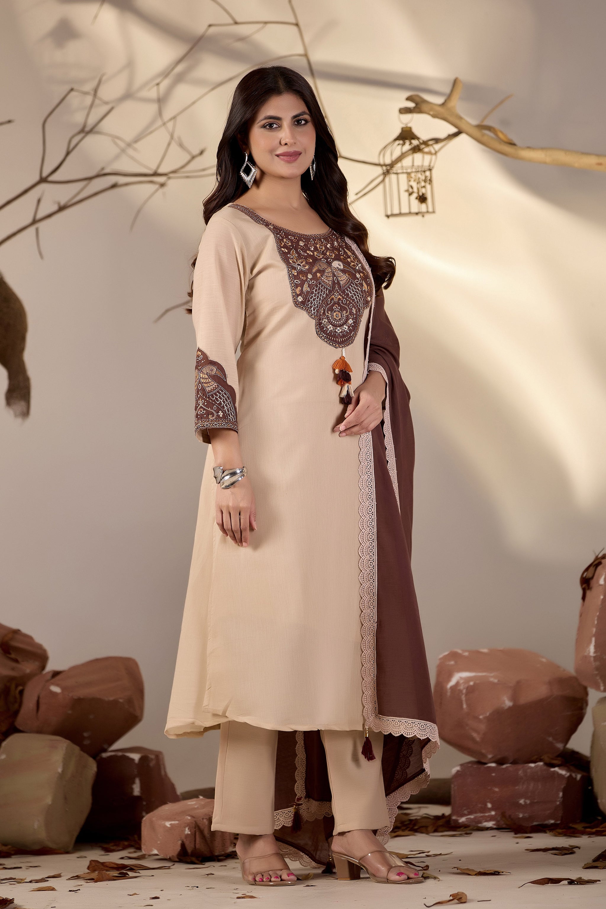 Beige Straight Kurta Set with Brown Peacock Embroidery & Lace-Trim Dupatta