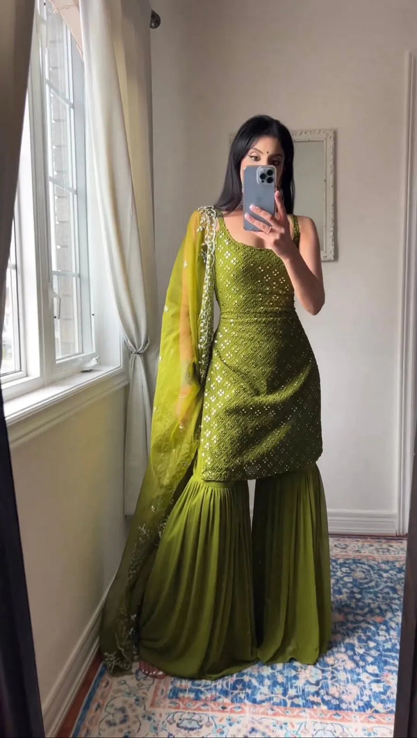 Green Embroidered Kurta And Sharara Suit Set with Dupatta