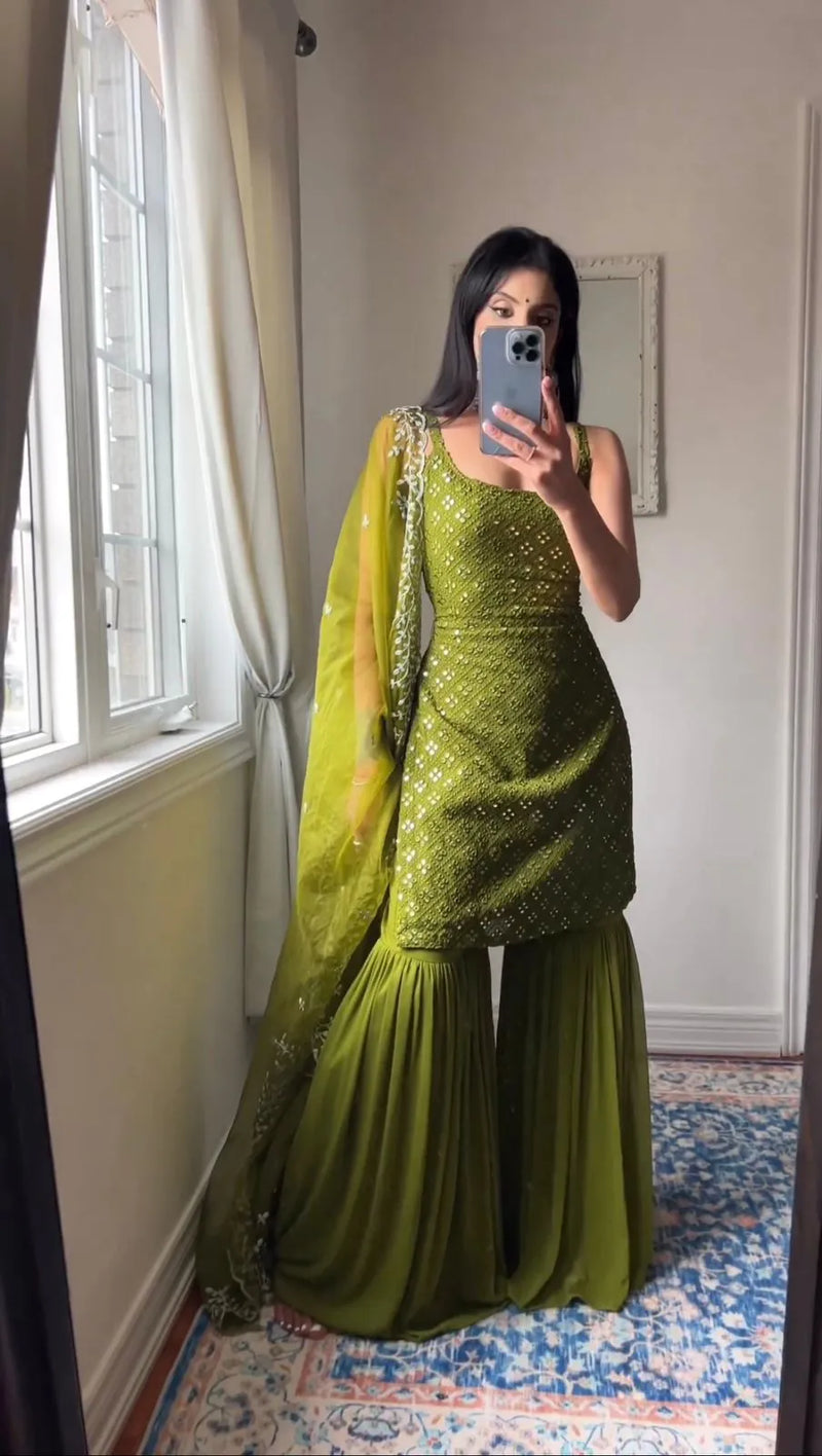 Green Embroidered Kurta And Sharara Suit Set with Dupatta
