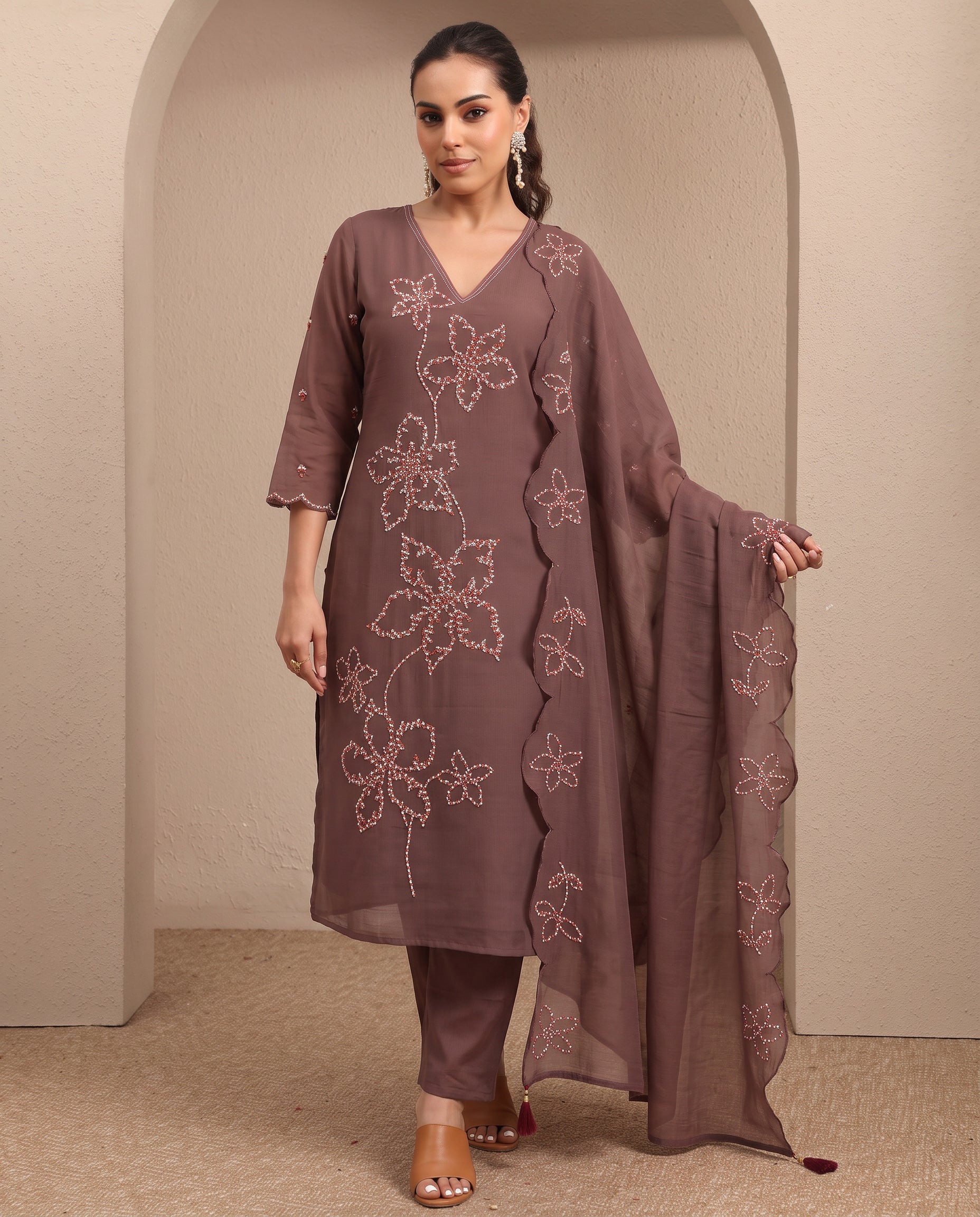 Women's V-Neck Embroidered Kurta with Pants & Dupatta