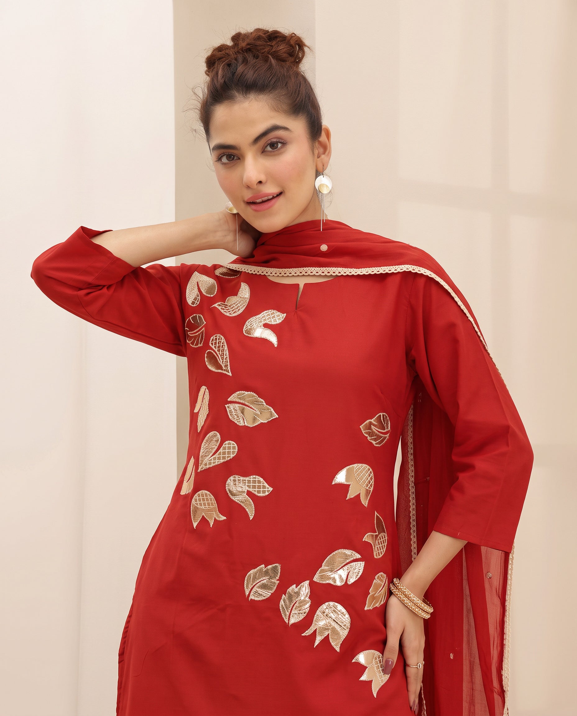 Orange Foil Work Farshi Salwar Set With Dupatta