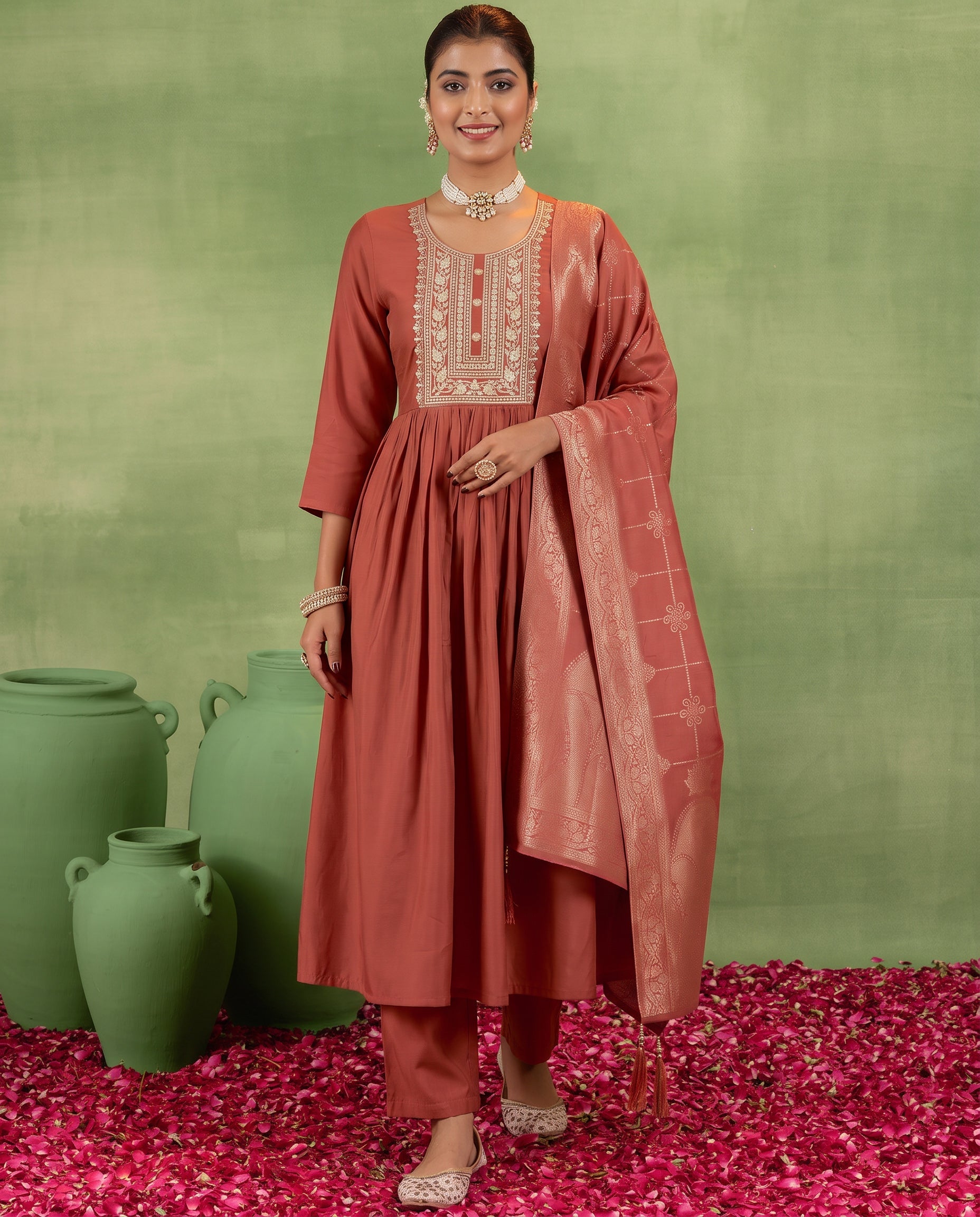 Rust Embroidered Straight Kurta Set with Jacquard Dupatta