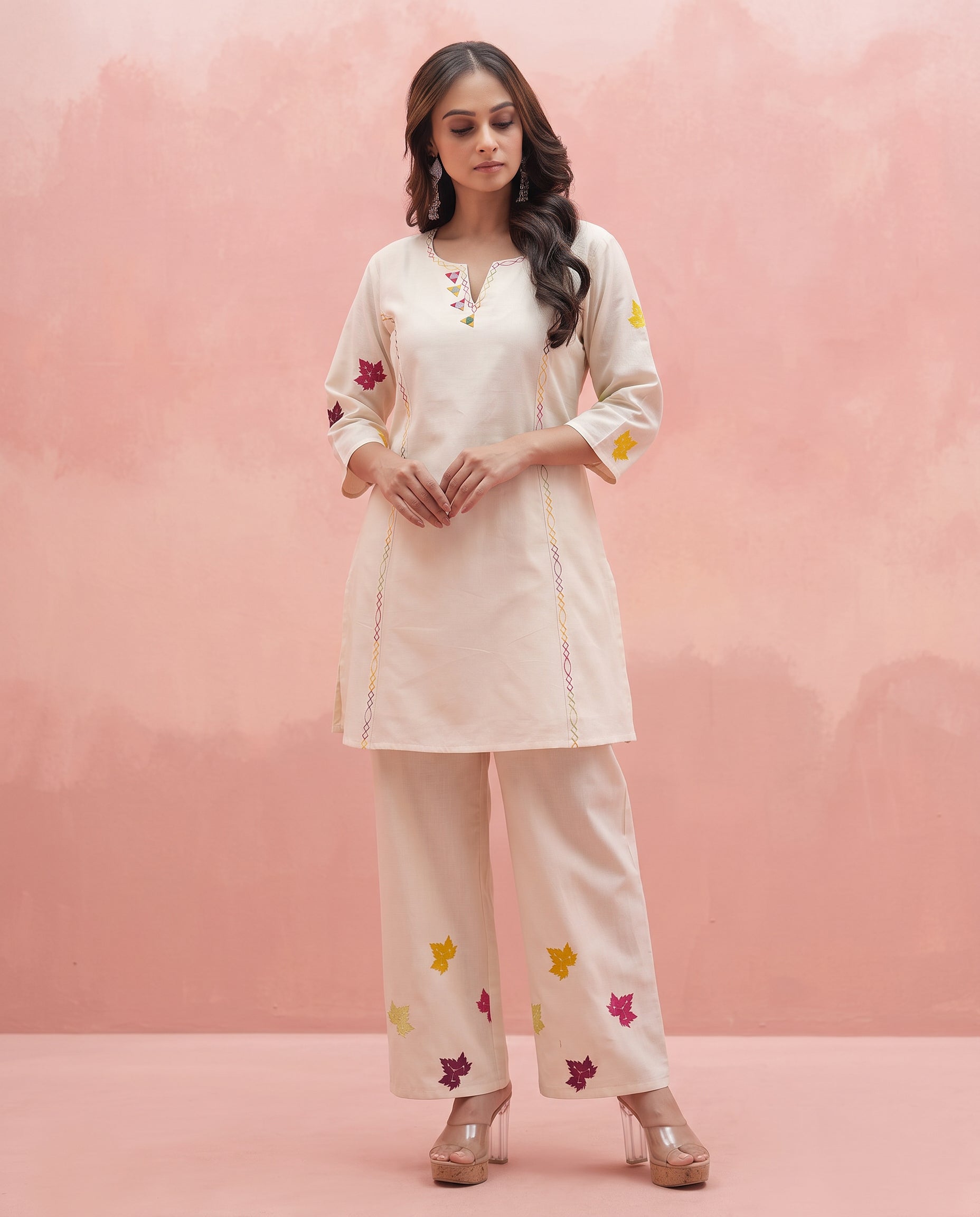 Women's Ivory Cotton Embroidered Kurta Pants Set
