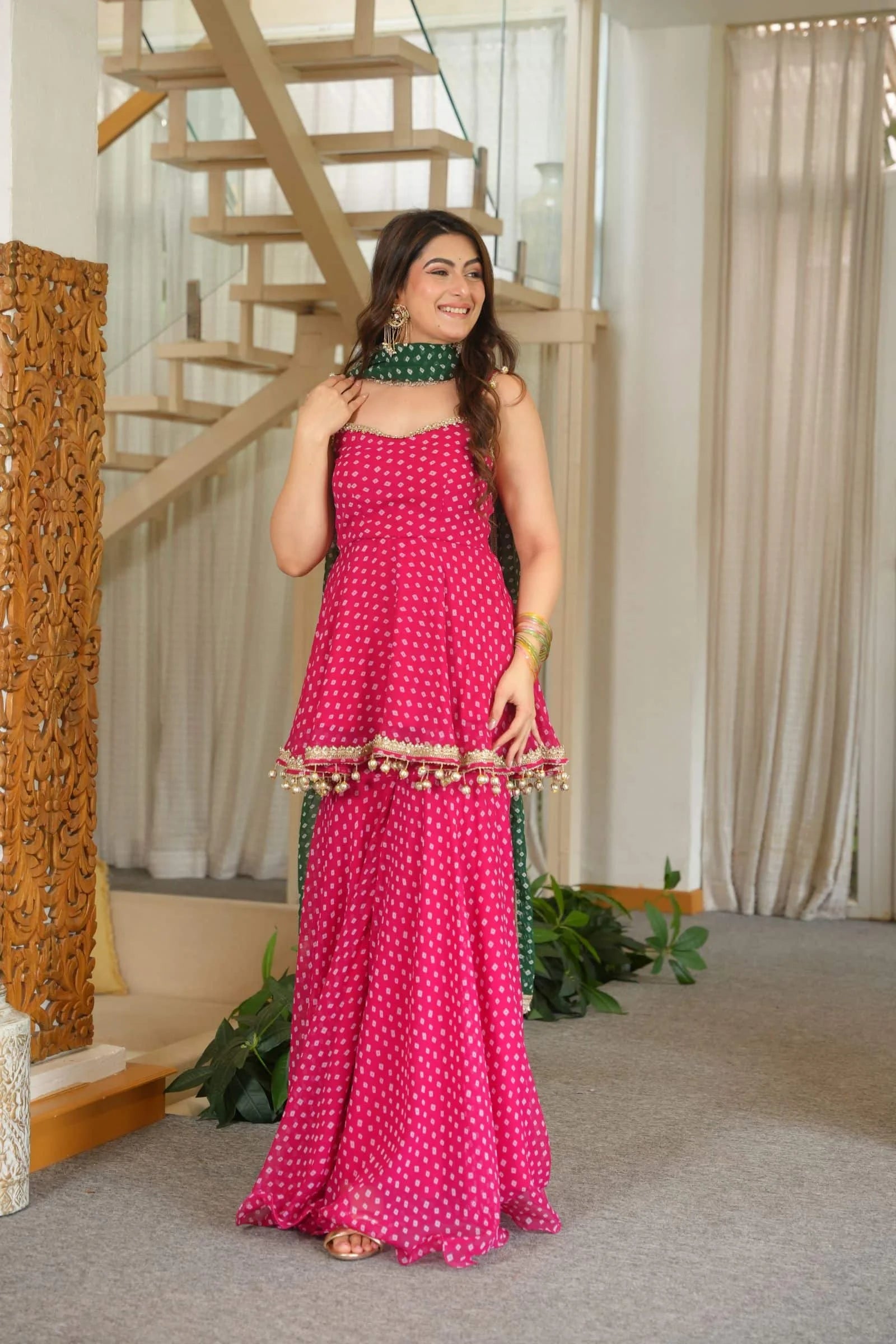 Pink Bandhani Print Sharara Suit Set with Green Dupatta