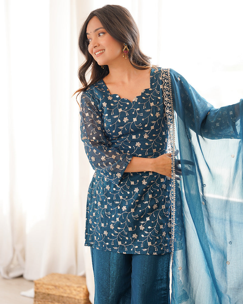 Teal Blue Color Crunchy Silk Embroidered Plazzo Suit