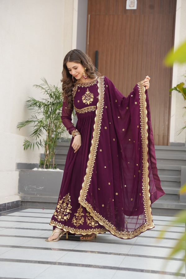 Heavy Designer Gown in Wine Georgette With Sequence Embroidery Work and Dupatta