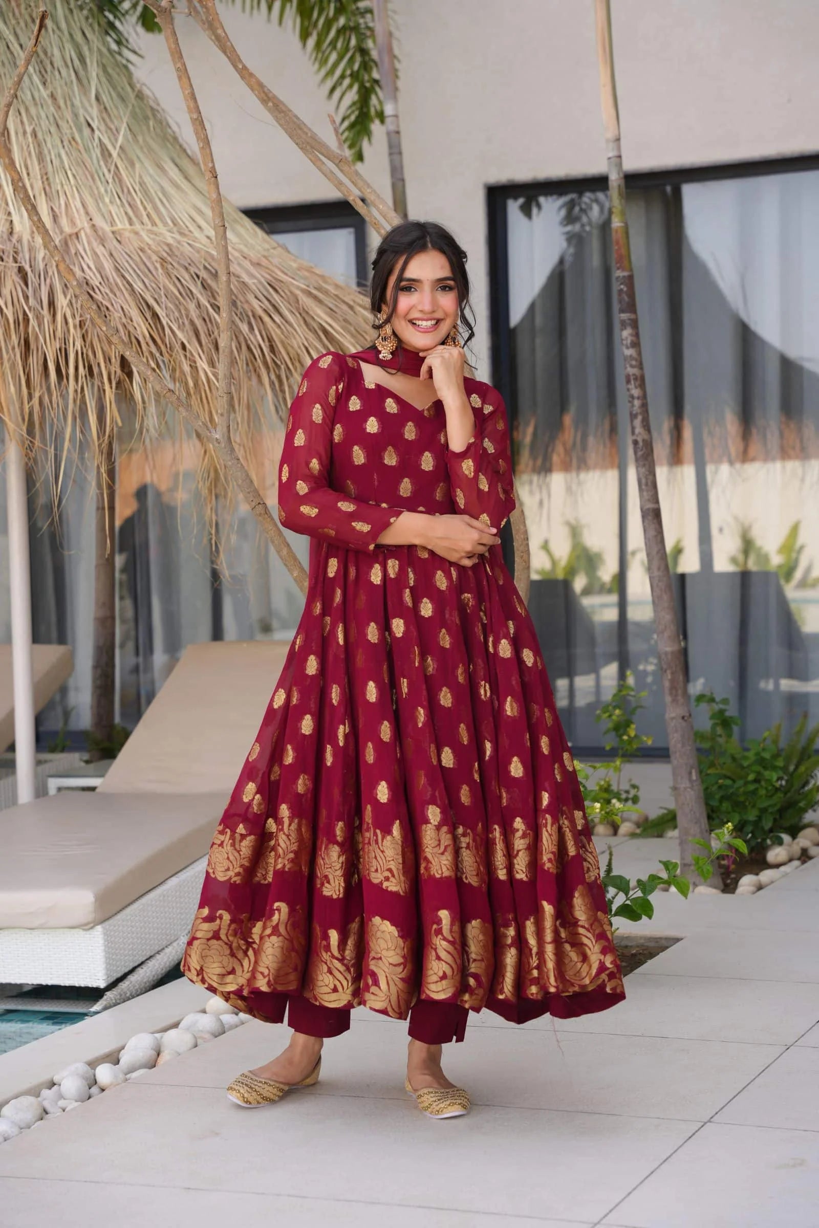 Traditional Maroon Anarkali Suit Set For Weddings And Special Occasions