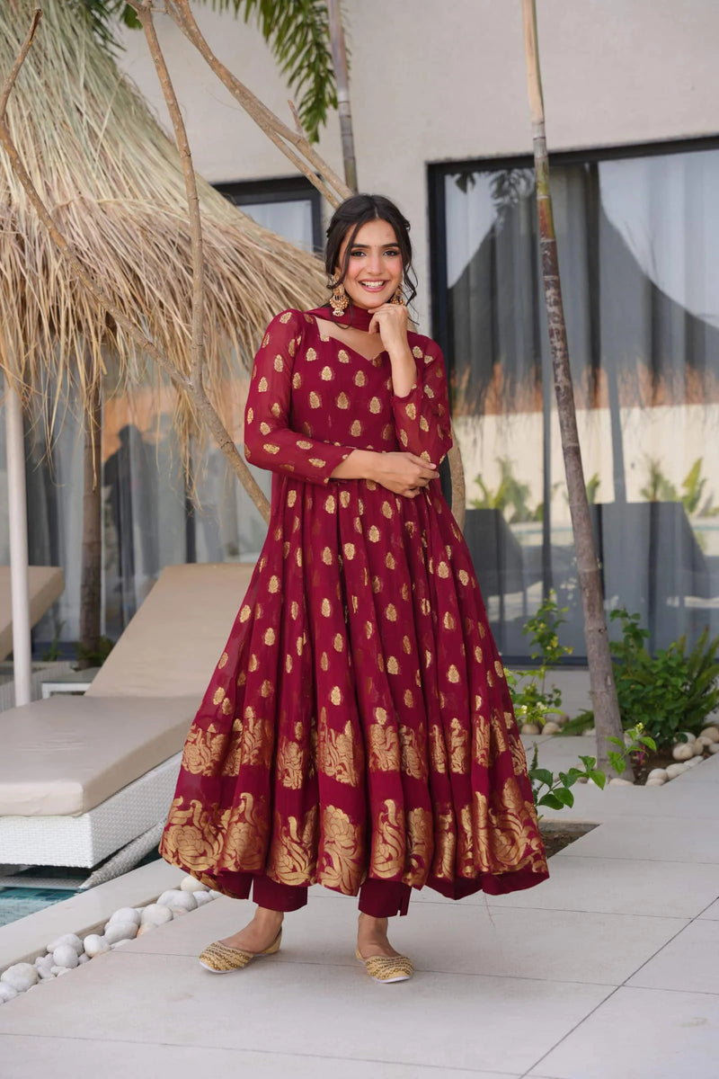 Traditional Maroon Anarkali Suit Set For Weddings And Special Occasions