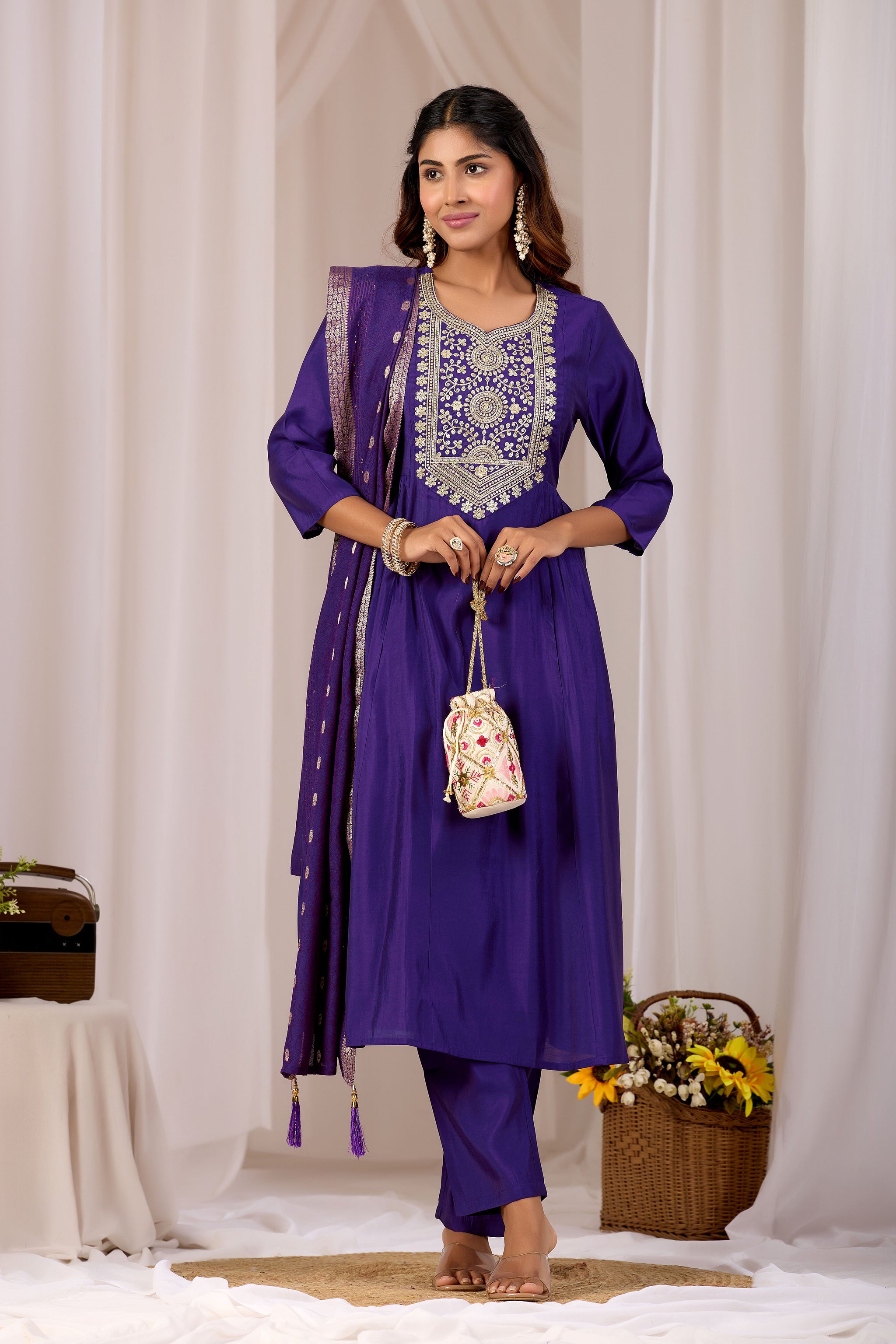 Women Blue Embroidery Designer Kurta Set with Dupatta