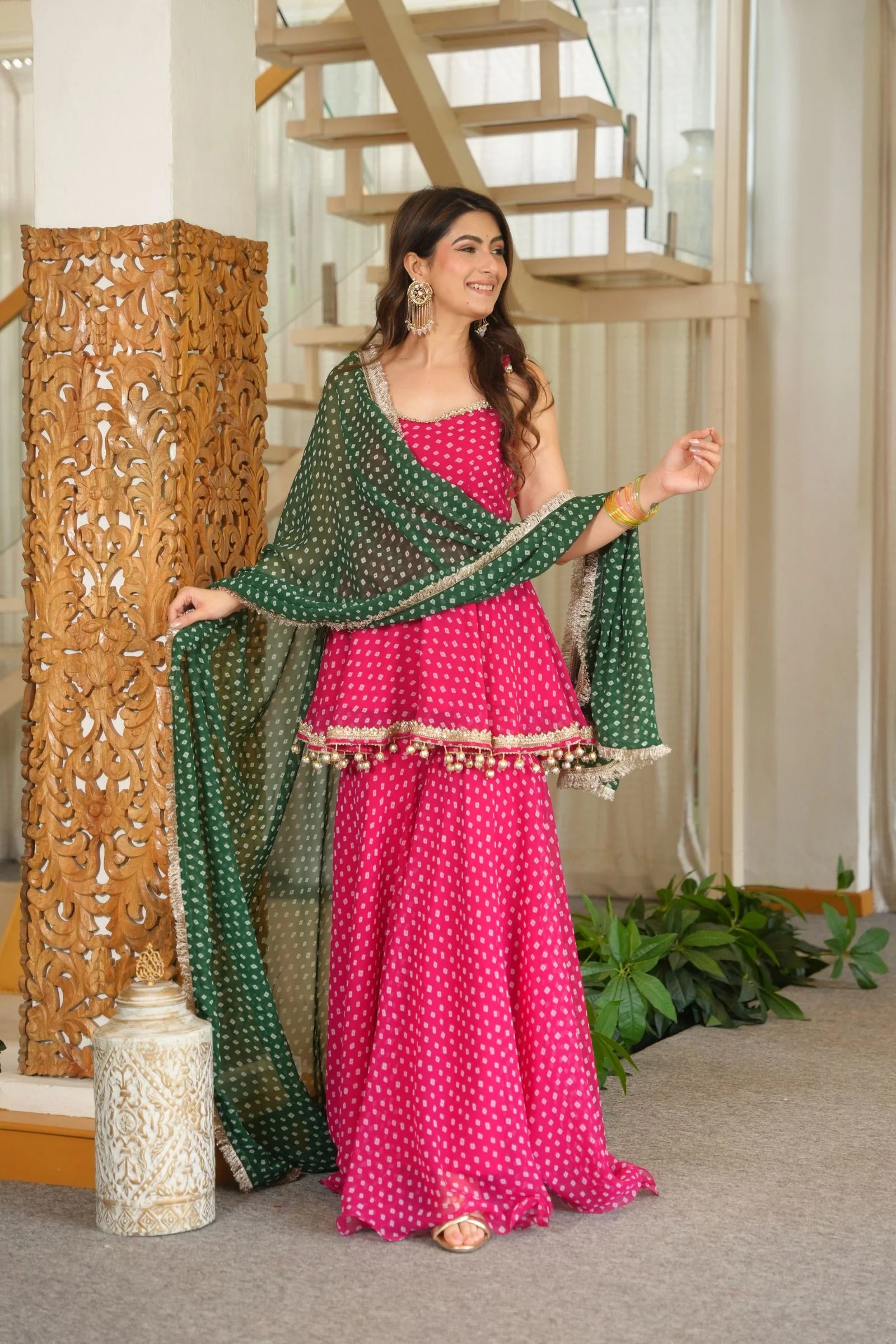 Pink Bandhani Print Sharara Suit Set with Green Dupatta