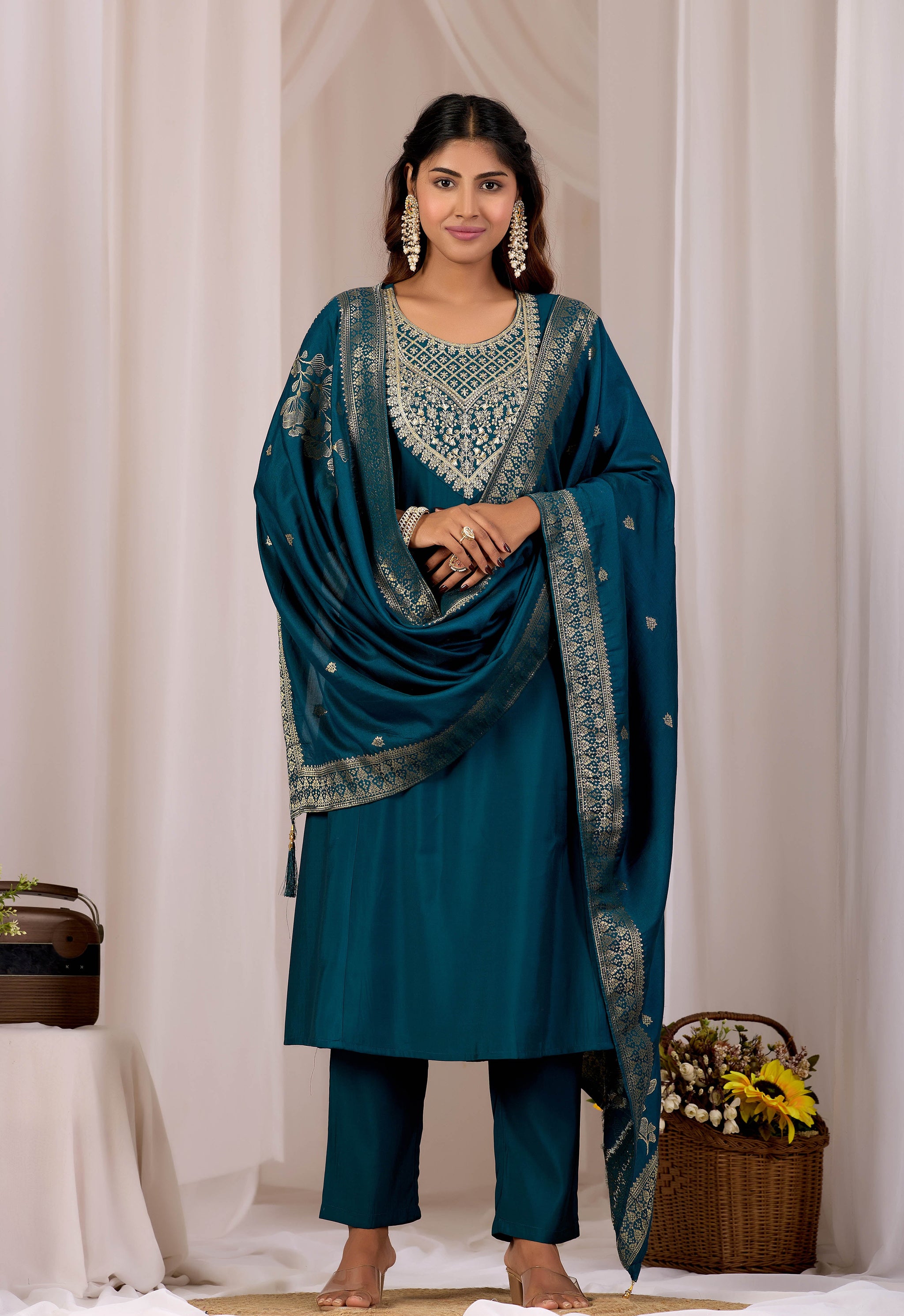 Women Teal Embroidered Kurta Set With Dupatta