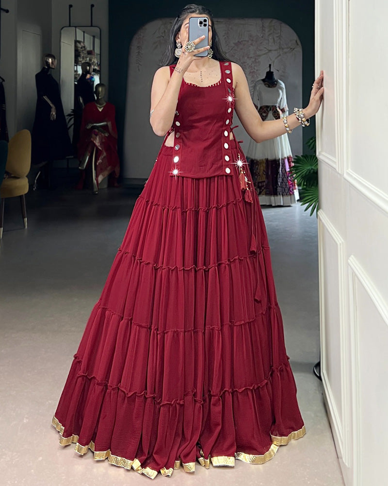 TRADITIONAL MAROON COLOR PURE MARBEL NAVRATRI LEHENGA CHOLI