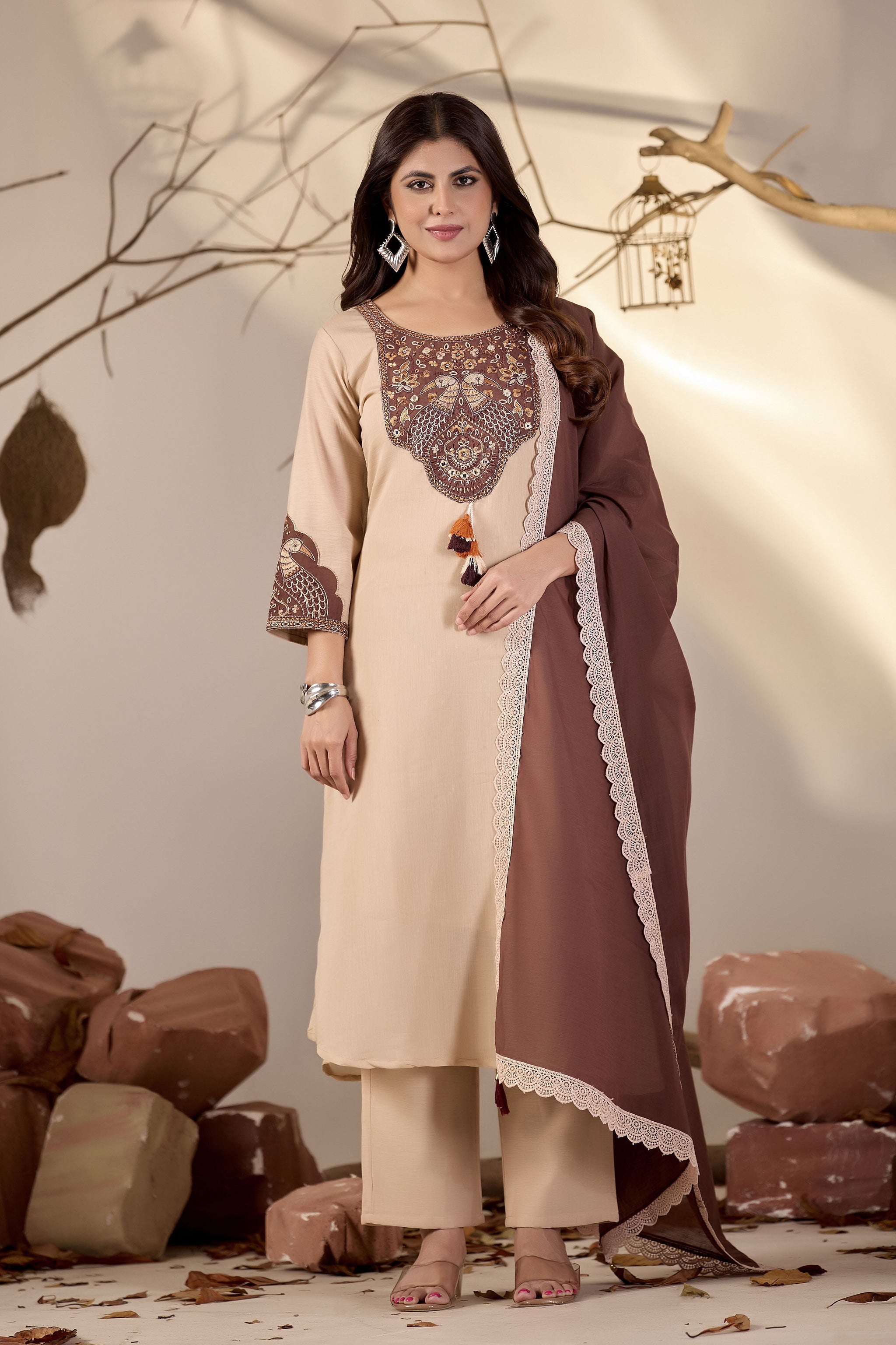 Beige Straight Kurta Set with Brown Peacock Embroidery & Lace-Trim Dupatta