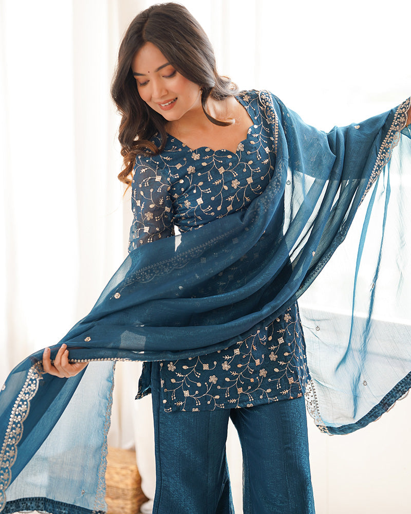 Teal Blue Color Crunchy Silk Embroidered Plazzo Suit