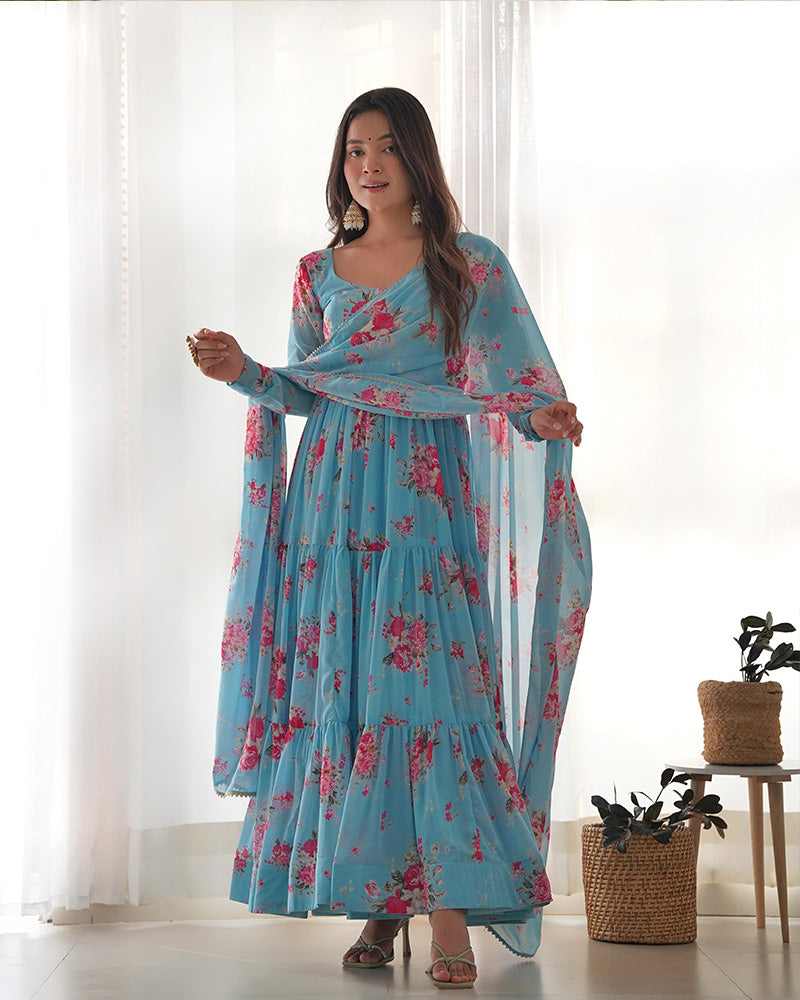 Sky Blue Color Soft Georgette Ruffle Style Three Piece Anarkali Suit