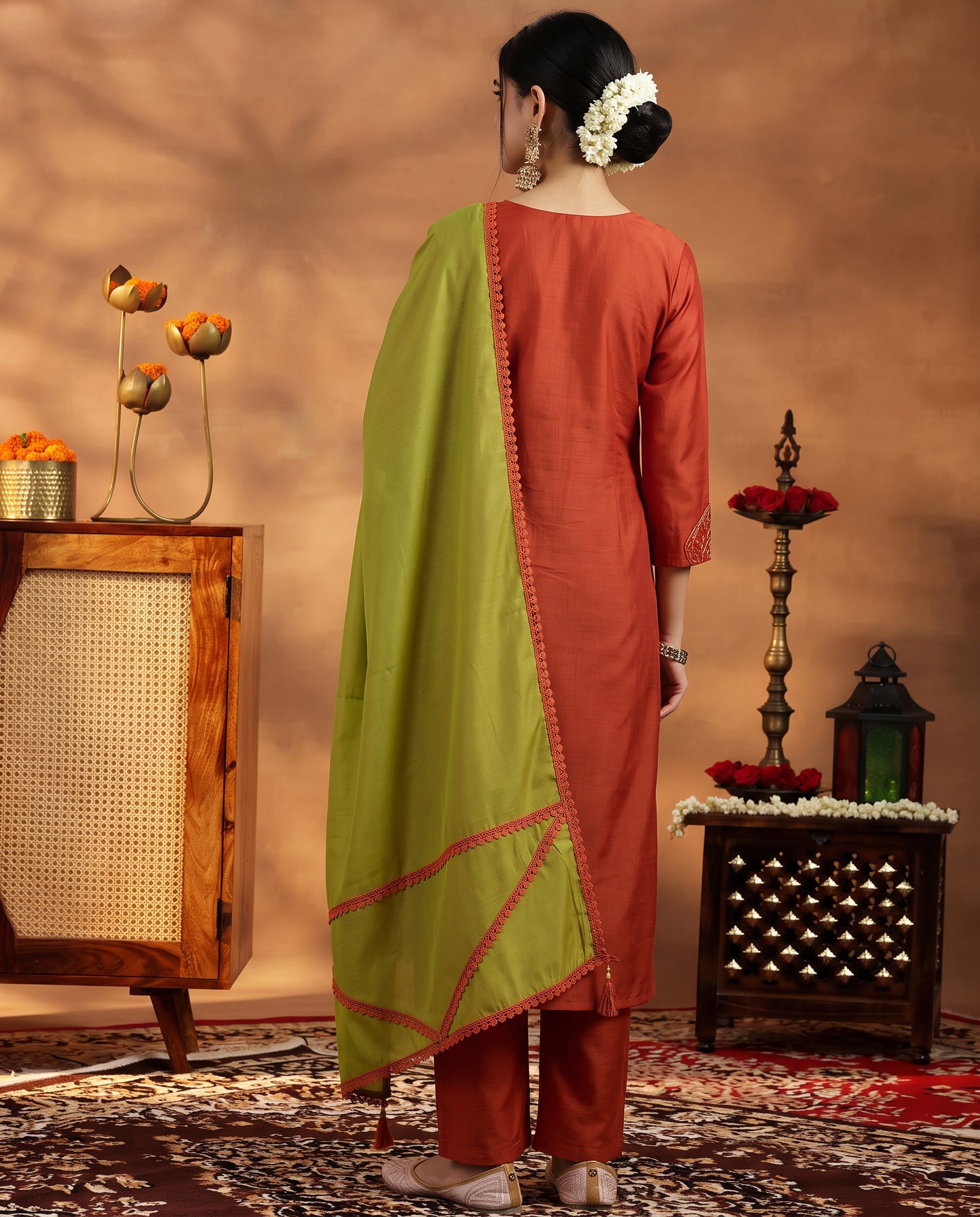 Rust Orange Embroidered Cotton A-Line Kurta Set for Women with Dupatta