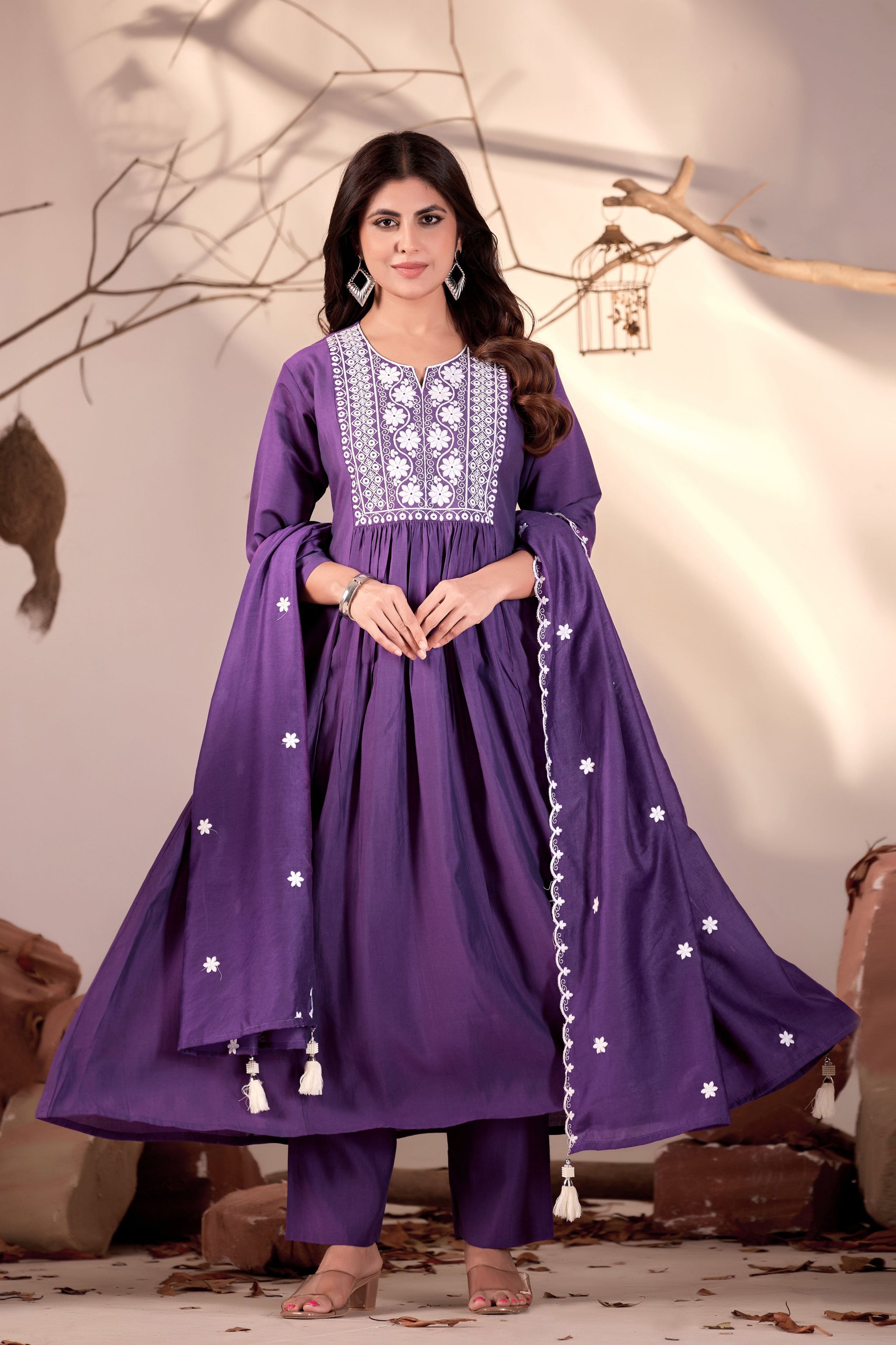 Purple Flared Anarkali Kurta Set with White Chikankari Embroidery