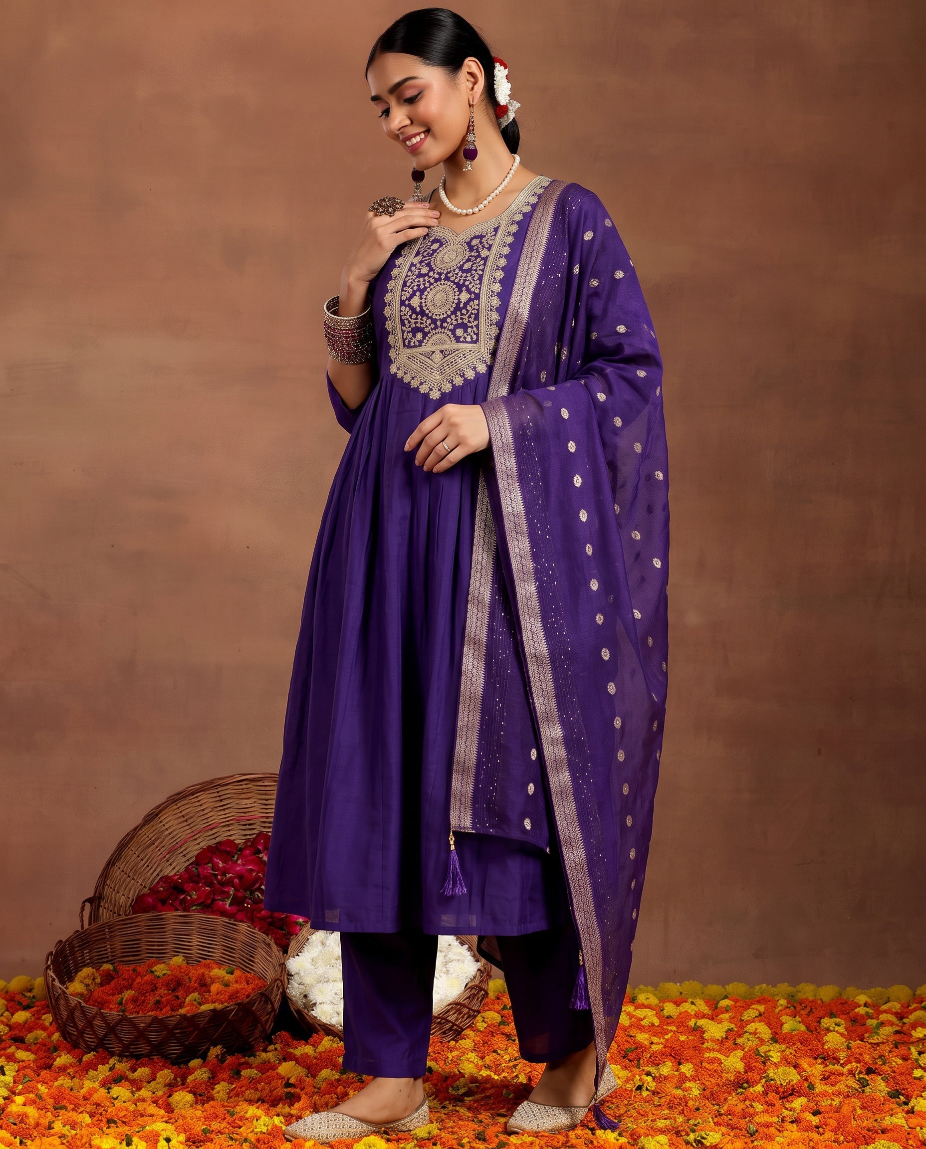 Purple Embroidered Kurta Set with Dupatta