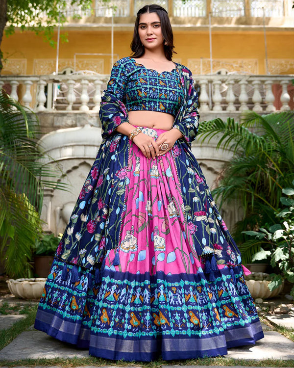 Pink Color Tussar Silk Patola Printed Lehenga Choli