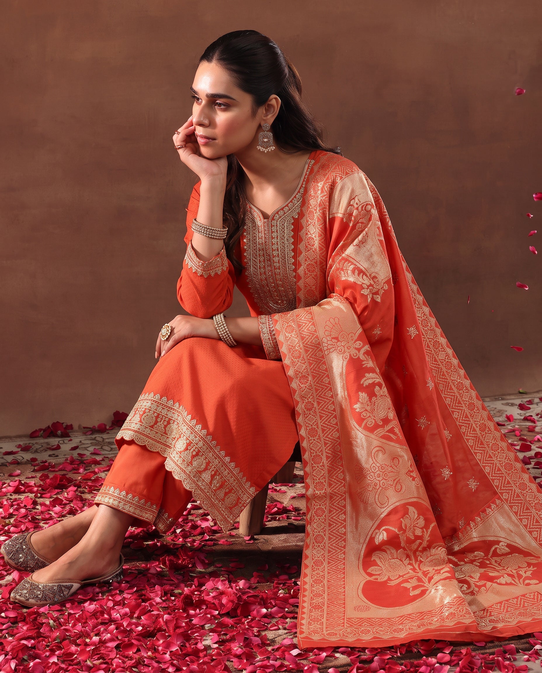 Women Rust Embroidered Kurta Set With Jacquard Dupatta