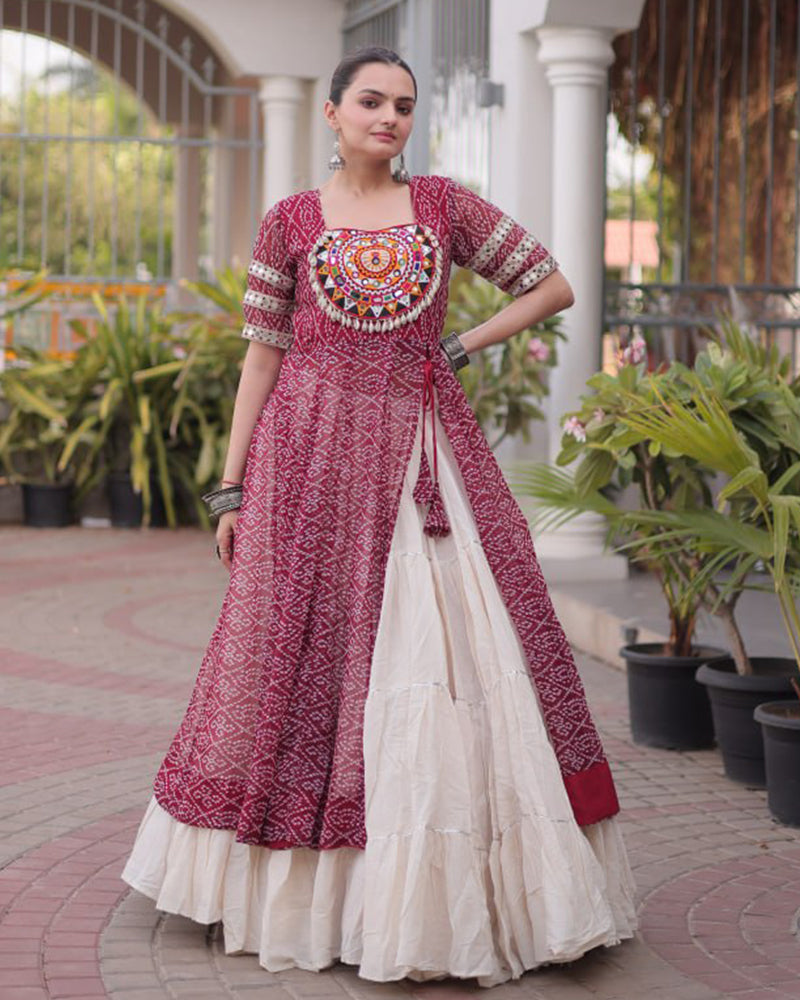 Maroon Color Bandhani Printed Kurti With Kora Cotton Lehenga