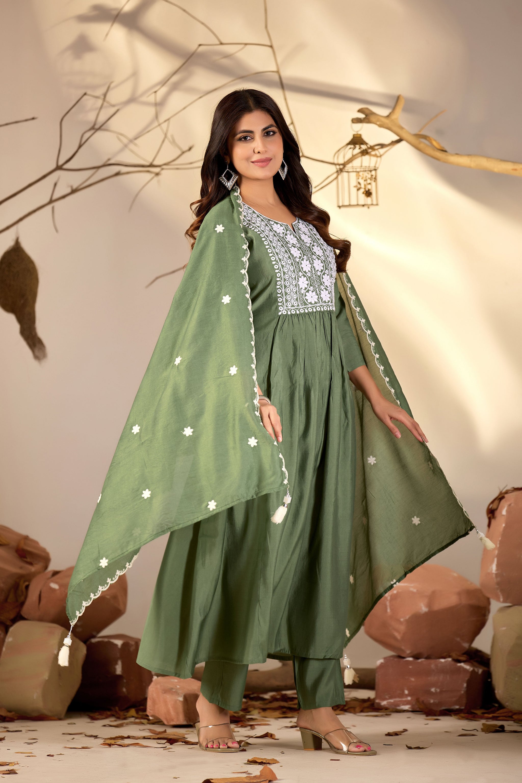 Olive Green Flared Anarkali Suit with White Embroidered Yoke