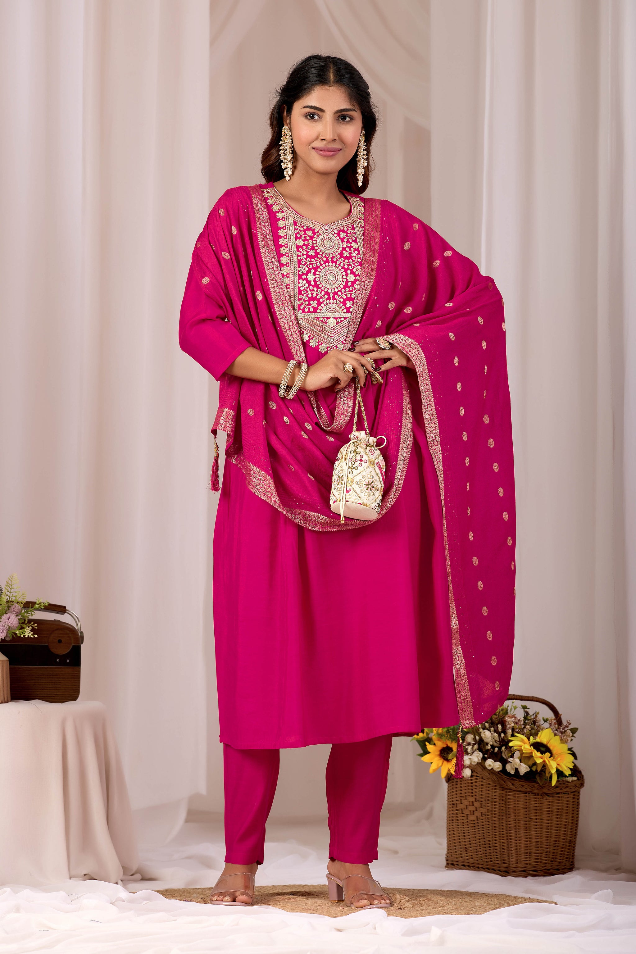 Traditional Rani Pink Embroidery Kurta Set with Dupatta