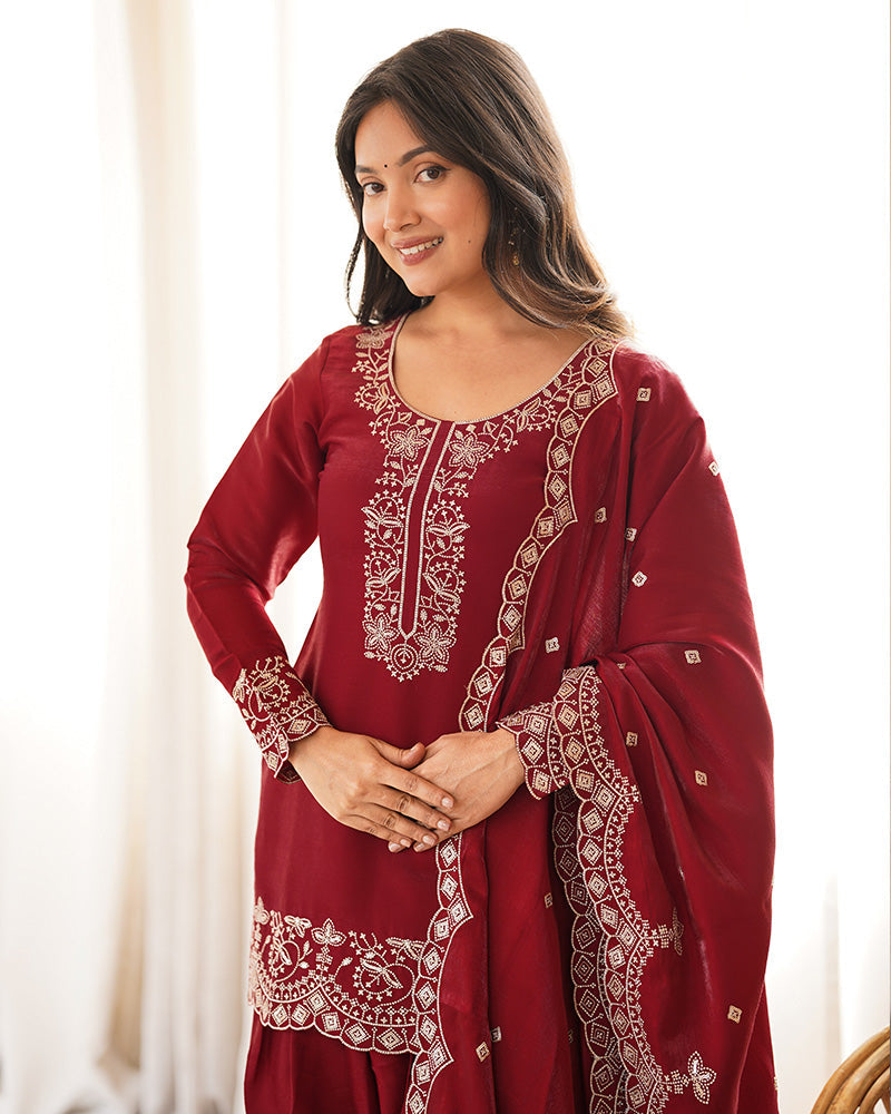 REDDISH MAROON COLOR ROMAN SILK FARSHI SALWAR SUIT