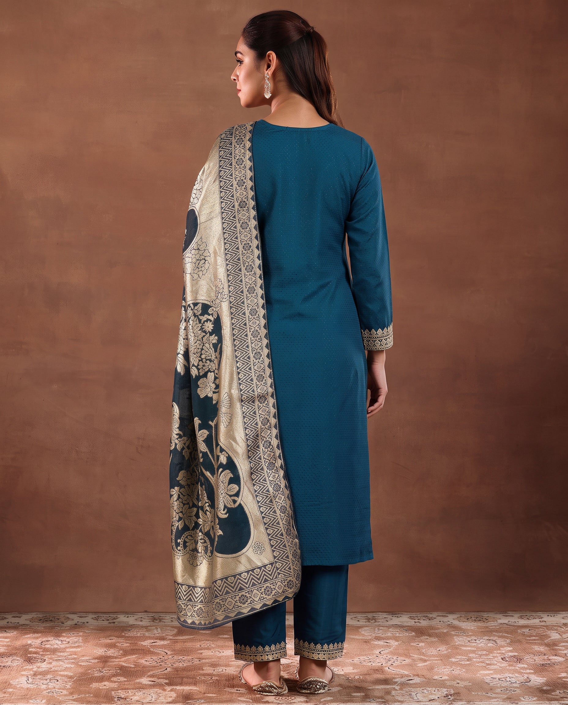Teal Ethnic Embroidered Silk Blend Straight Kurta Set with Jacquard Dupatta