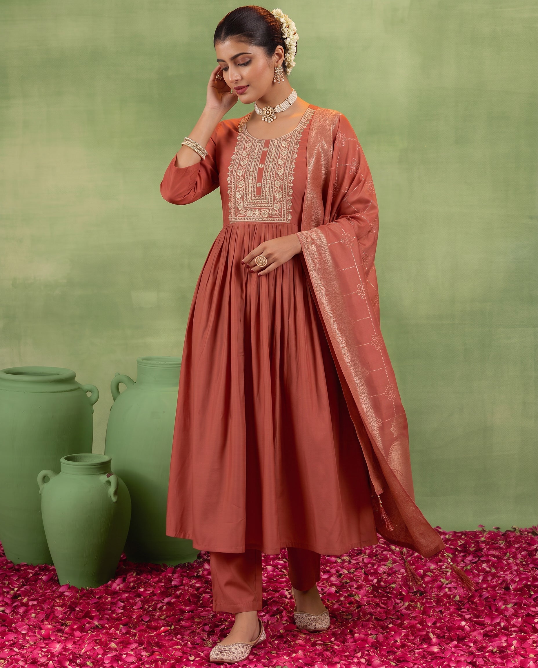 Rust Embroidered Straight Kurta Set with Jacquard Dupatta