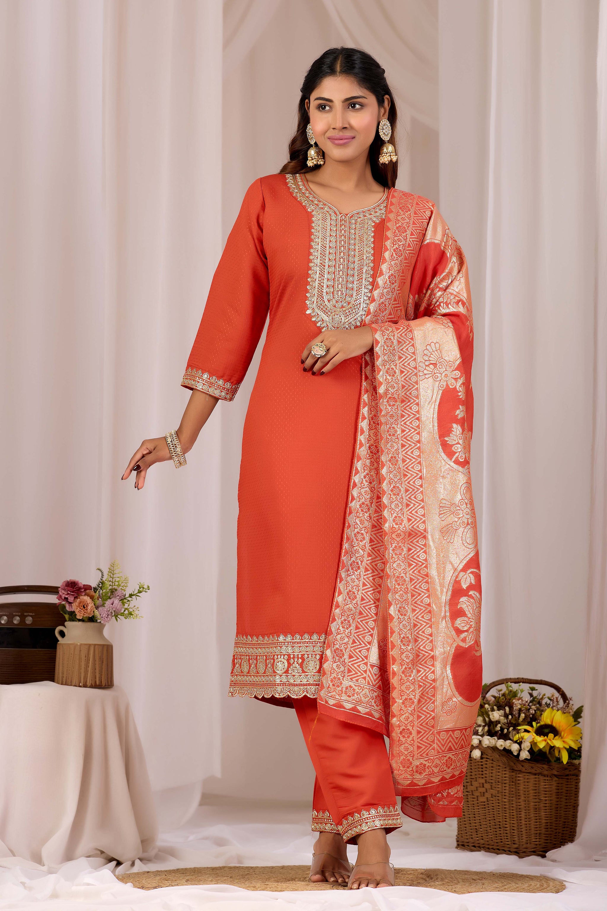 Women Rust Embroidered Silk Blend Straight Kurta Set With Jacquard Dupatta