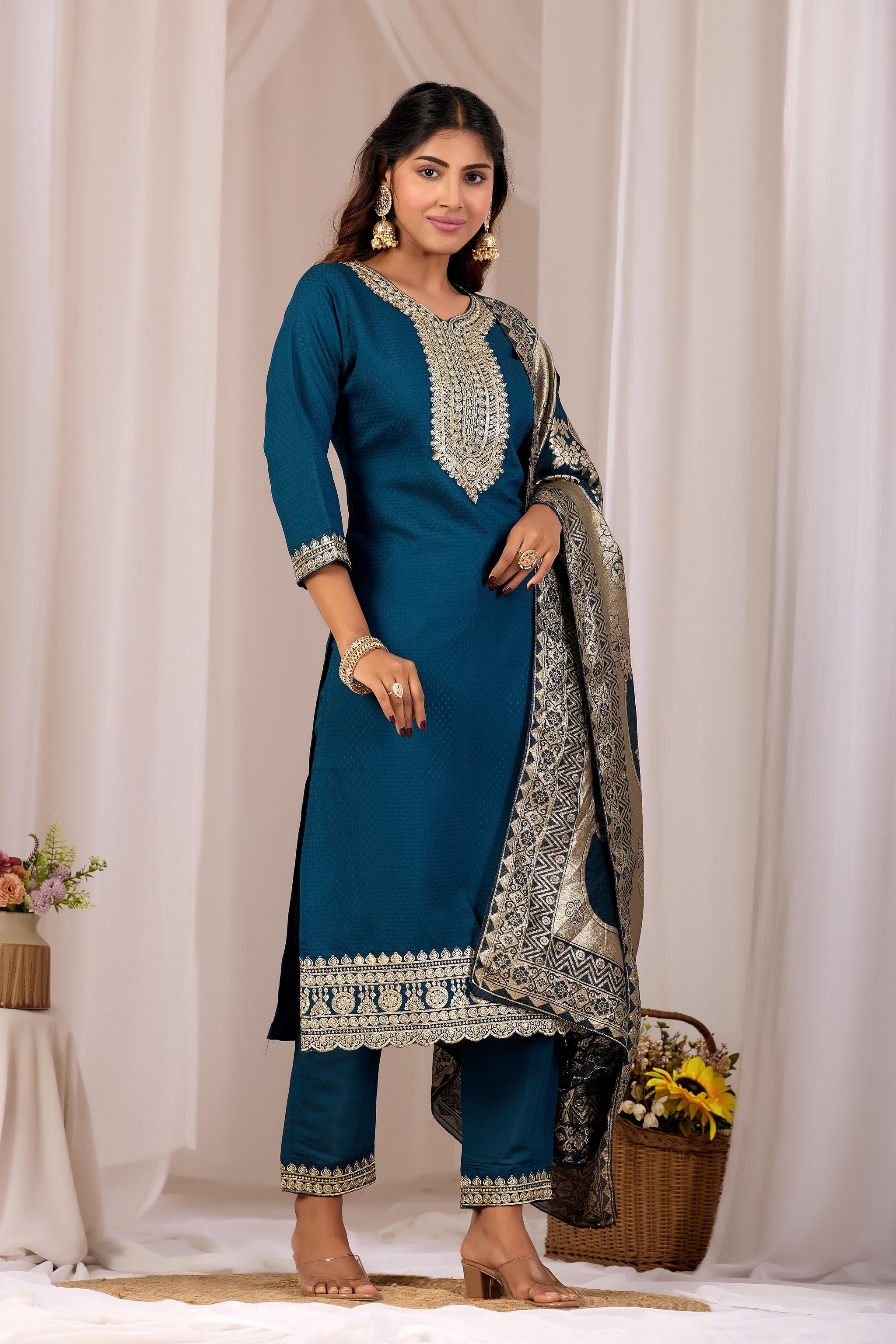 Teal Ethnic Embroidered Stylish Kurta Set with Jacquard Dupatta