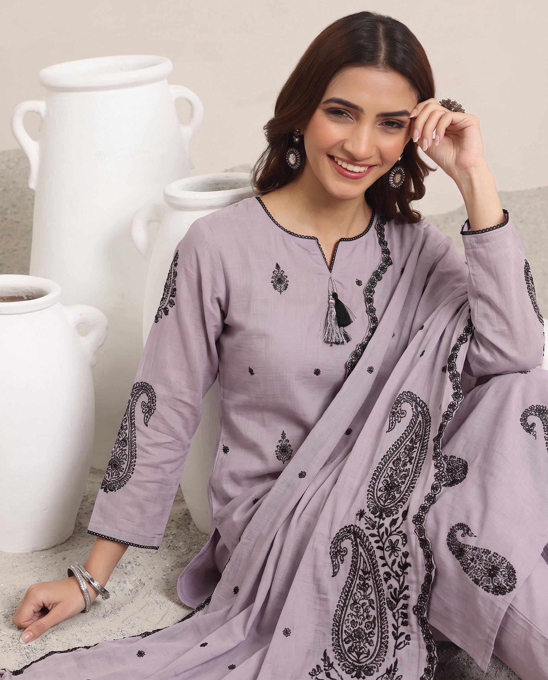 Violet Embroidered Cotton A-Line Suit Set for Women with Dupatta