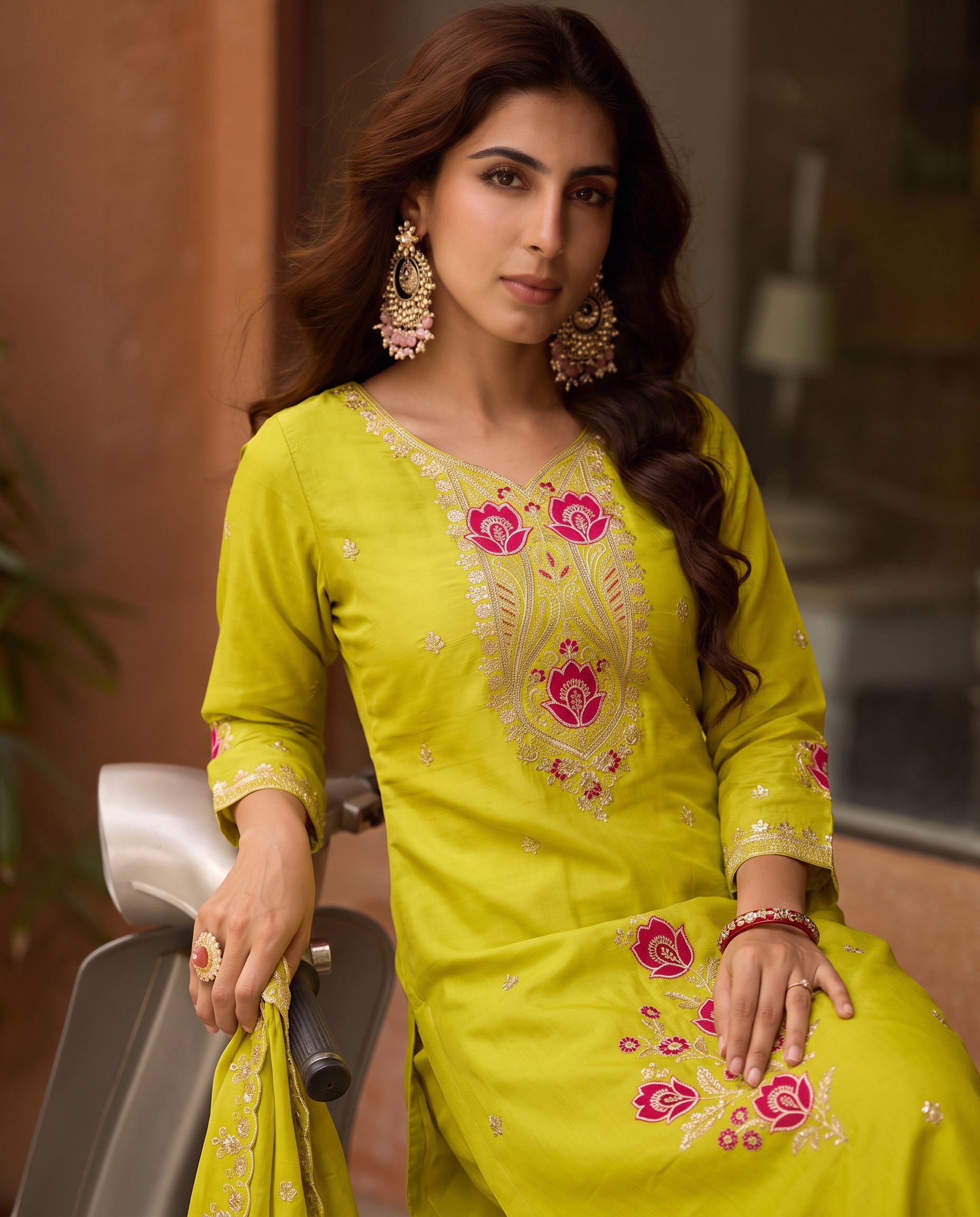 Mehendi Green Embroidered Straight Suit with Scalloped Dupatta