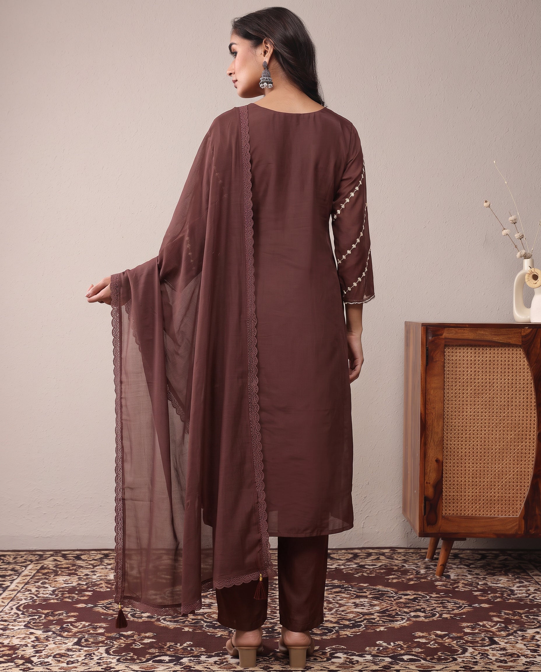 Brown Embroidered Cotton A-Line Kurta Set with Dupatta