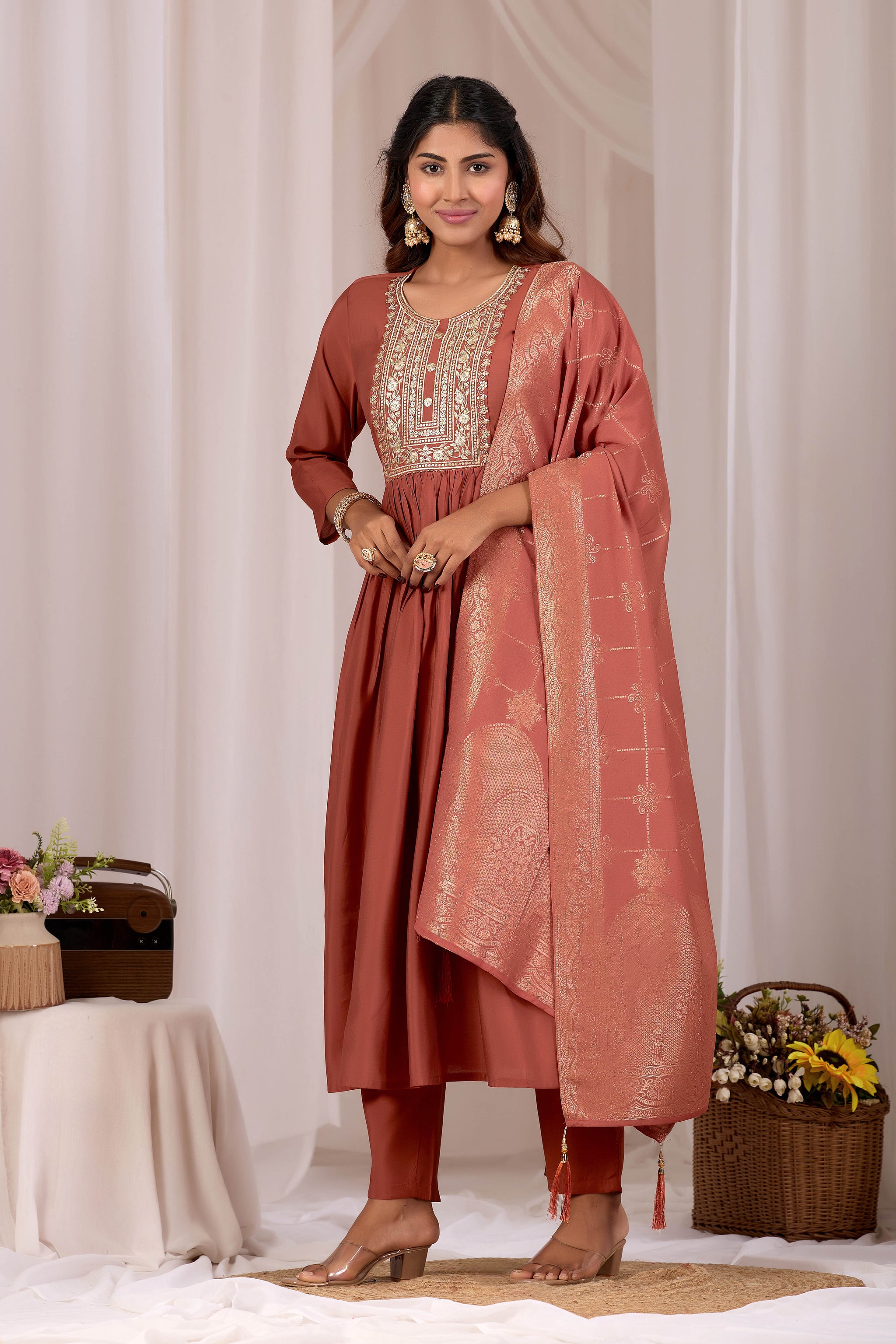 Women Rust Embroidered Stylish Straight Kurta Set with Jacquard Dupatta