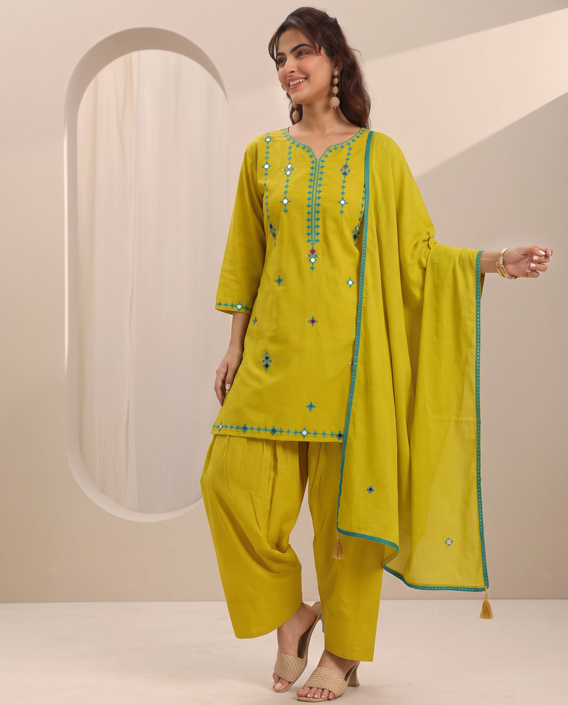 Lemon Green Embroidery Worked Short Kurta Suit Set With Dupatta