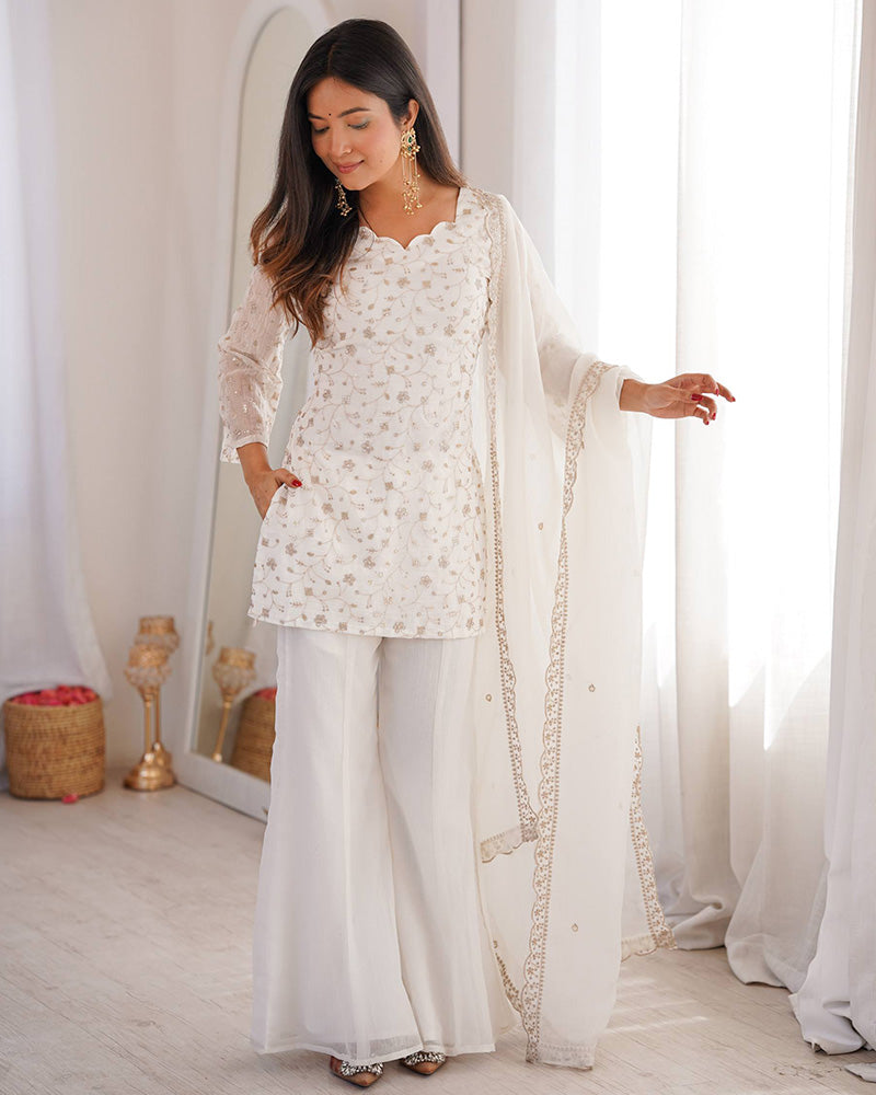 Off-White Color Crunchy Silk Embroidered Plazzo Suit