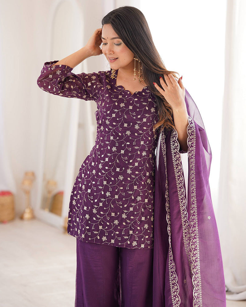 Dusty Mauve Color Crunchy Silk Embroidered Plazzo Suit