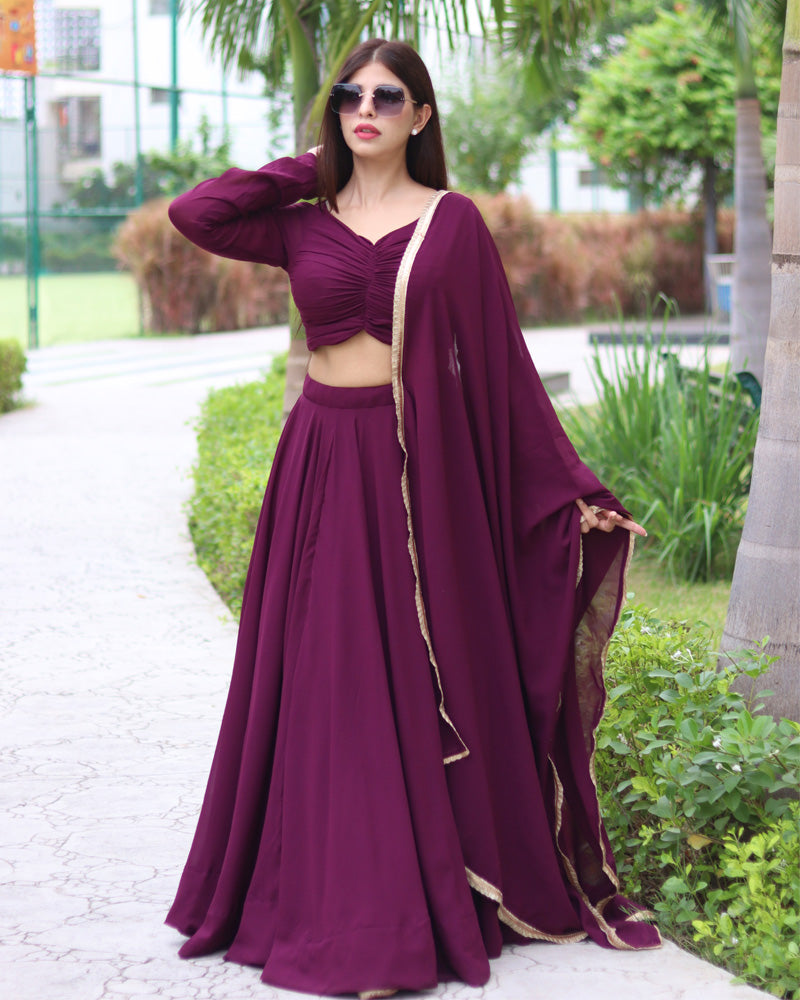 Wine Pure Soft Georgette Full Stitched Lehenga Choli