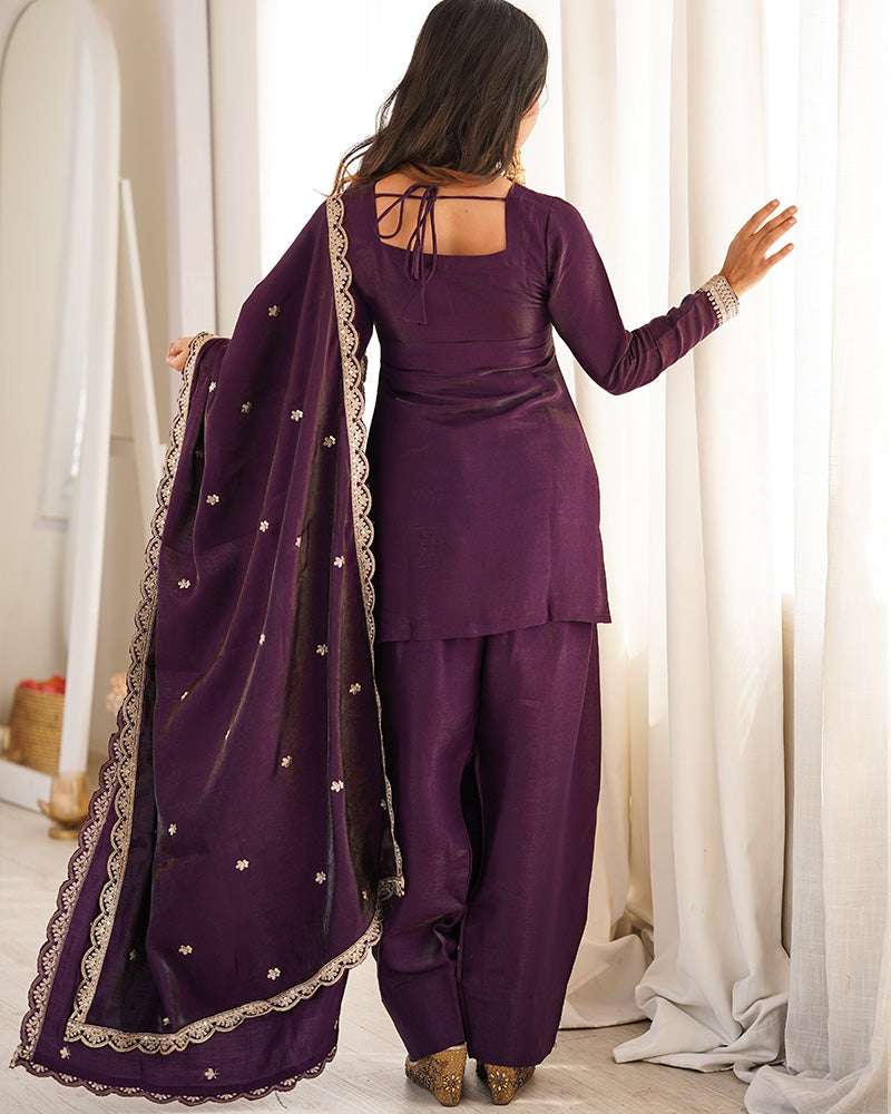WINE COLOR ROMAN SILK EMBROIDERED FARSHI SALWAR SUIT