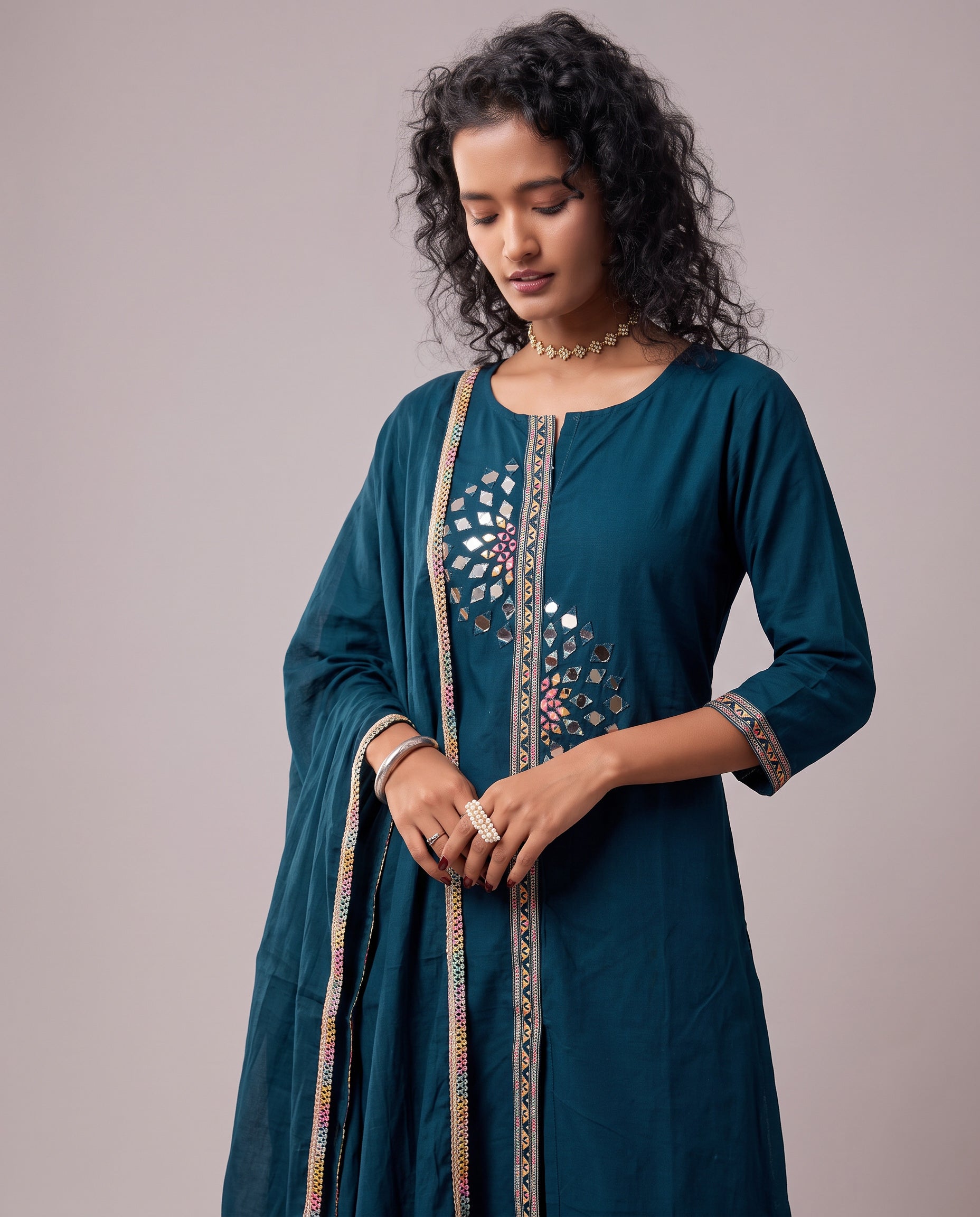 Women's Blue Embroidered Kurta Set with Mirror Work