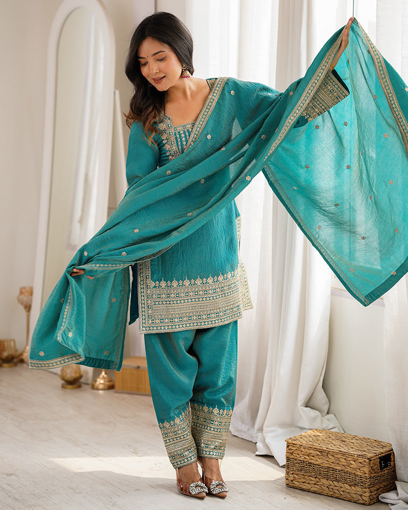 SEA GREEN COLOR NC VICHITRA SILK FARSHI SALWAR SUIT