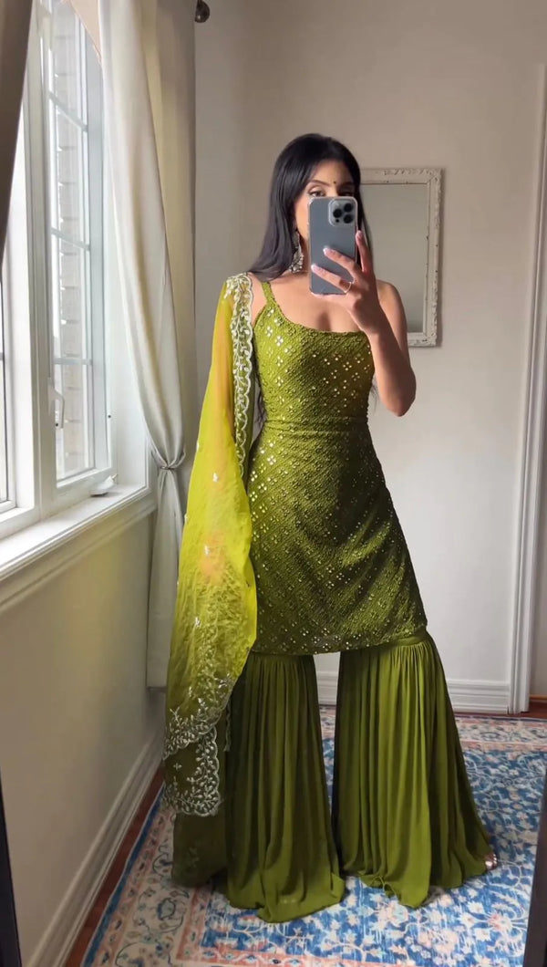 Green Embroidered Kurta And Sharara Suit Set with Dupatta
