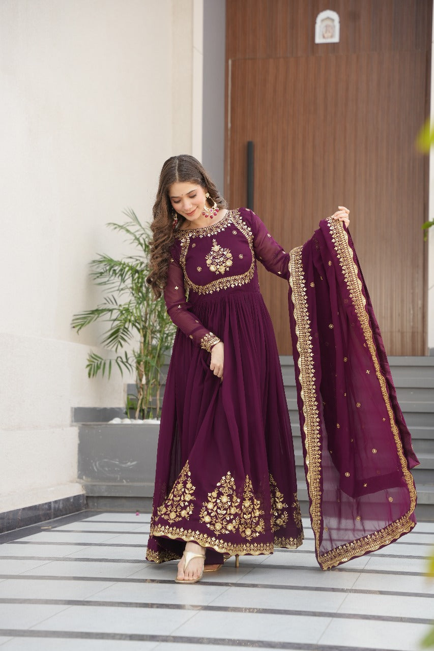 Heavy Designer Gown in Wine Georgette With Sequence Embroidery Work and Dupatta