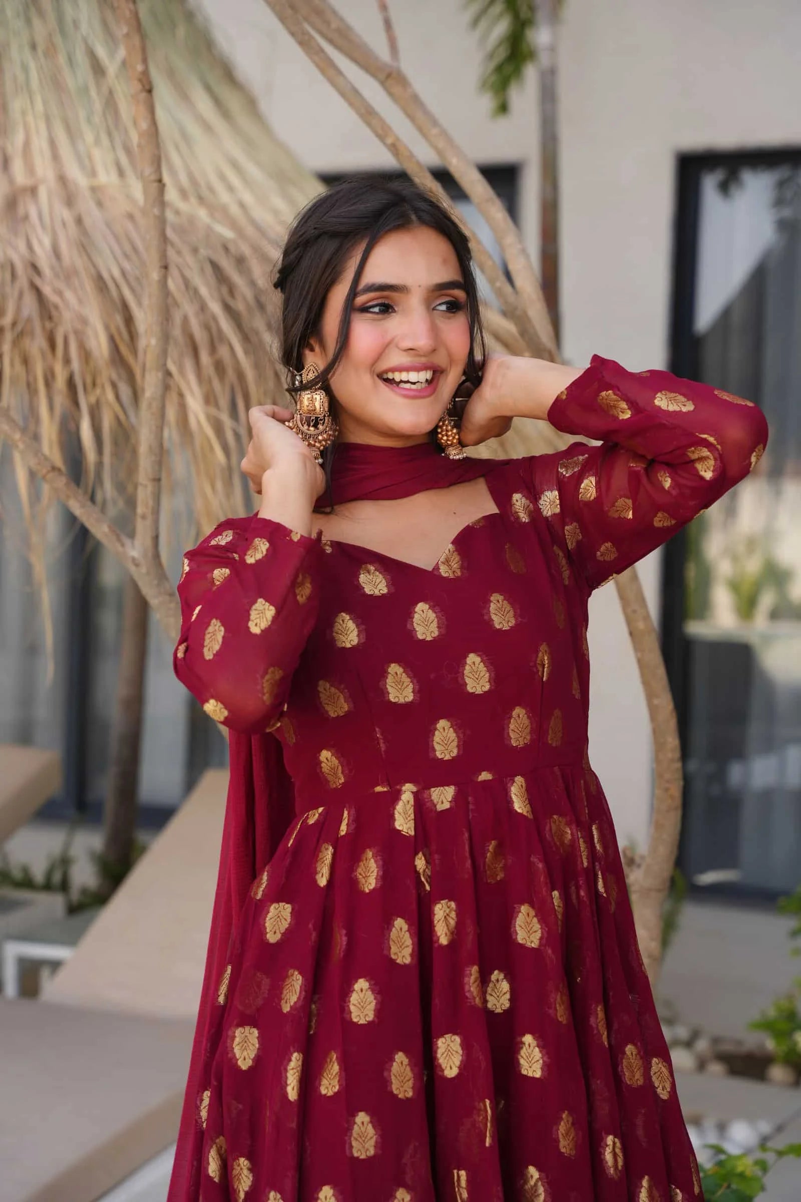 Traditional Maroon Anarkali Suit Set For Weddings And Special Occasions