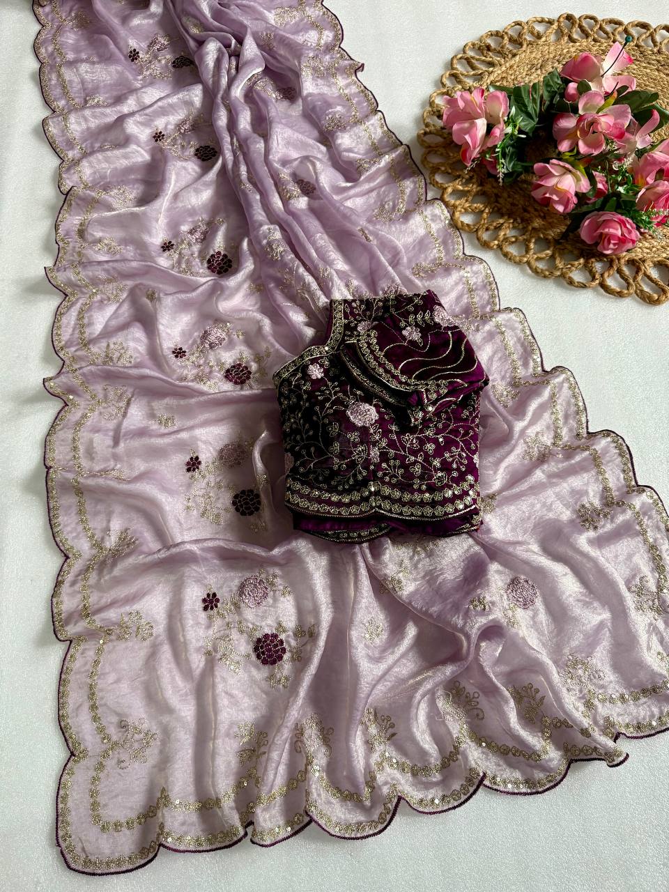Lavender Purple Pure Fancy Satin Saree with Wine Heavy Embroidered Stitched Blouse