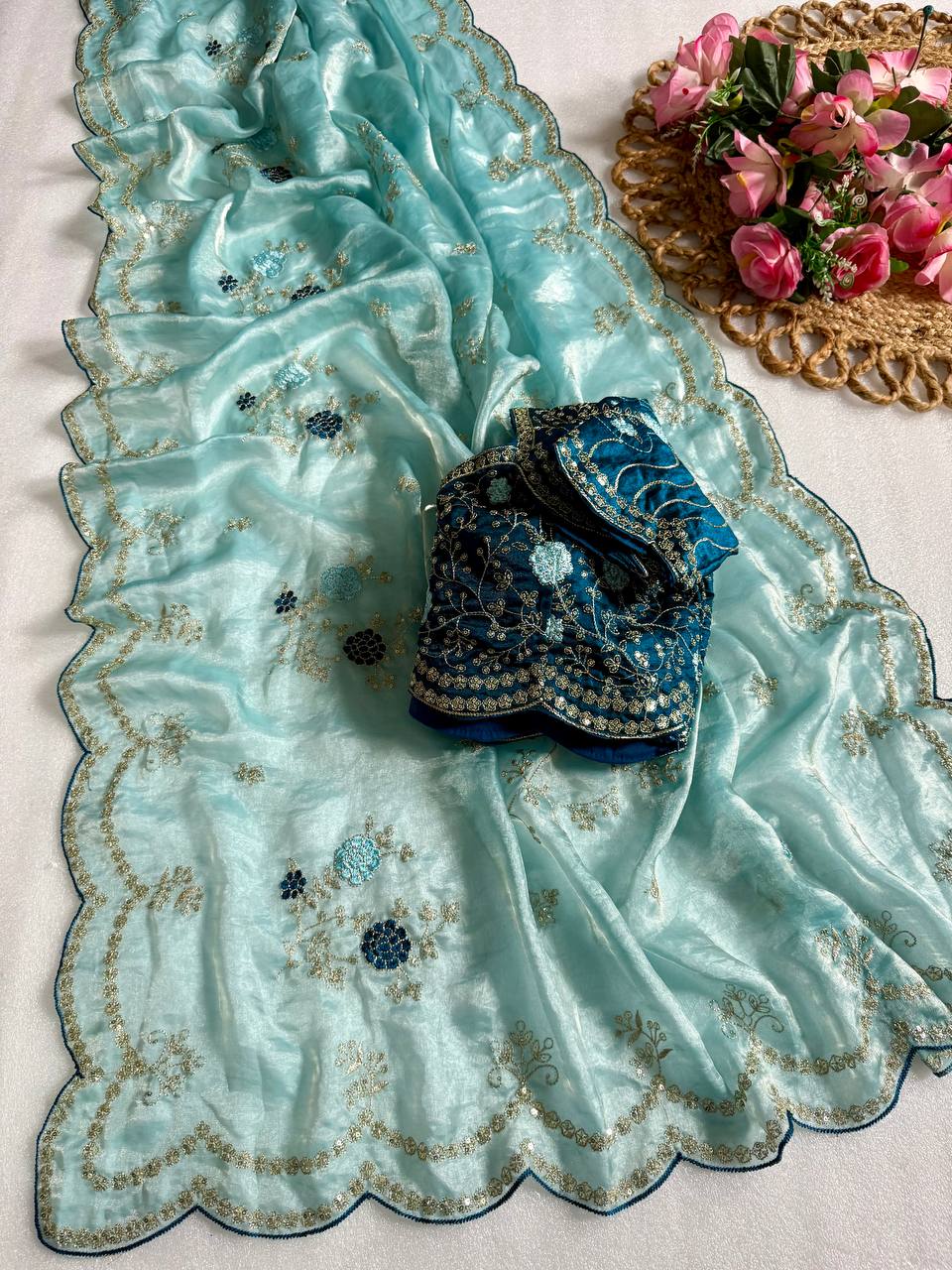Sky Blue Pure Fancy Satin Saree with Teal Blue Heavy Embroidered Stitched Blouse