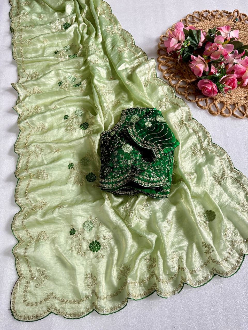 Pista Green Pure Fancy Satin Saree with Dark Green Heavy Embroidered Stitched Blouse